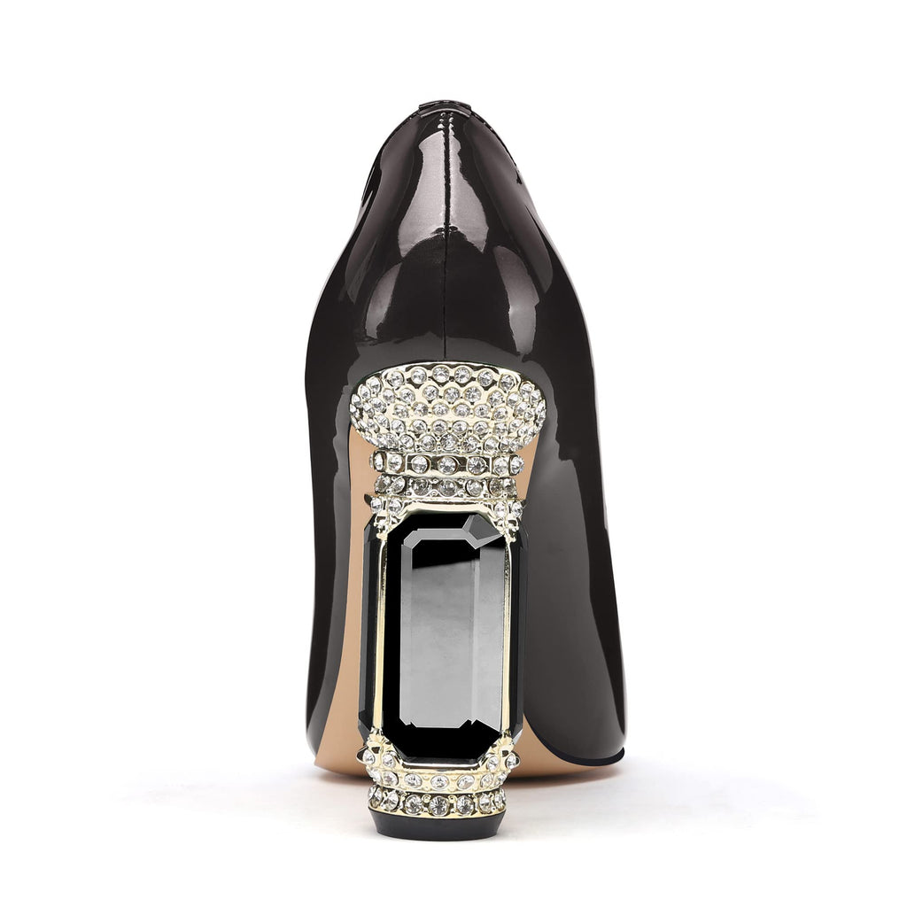 JANSEVEN Women Chunky Heels Pumps Crystal Block Heels with Rhinestones Pointed Toe Sexy Gradient Patent Leather Slip on Bridal Party Wedding Dress Shoes 5-13 M US