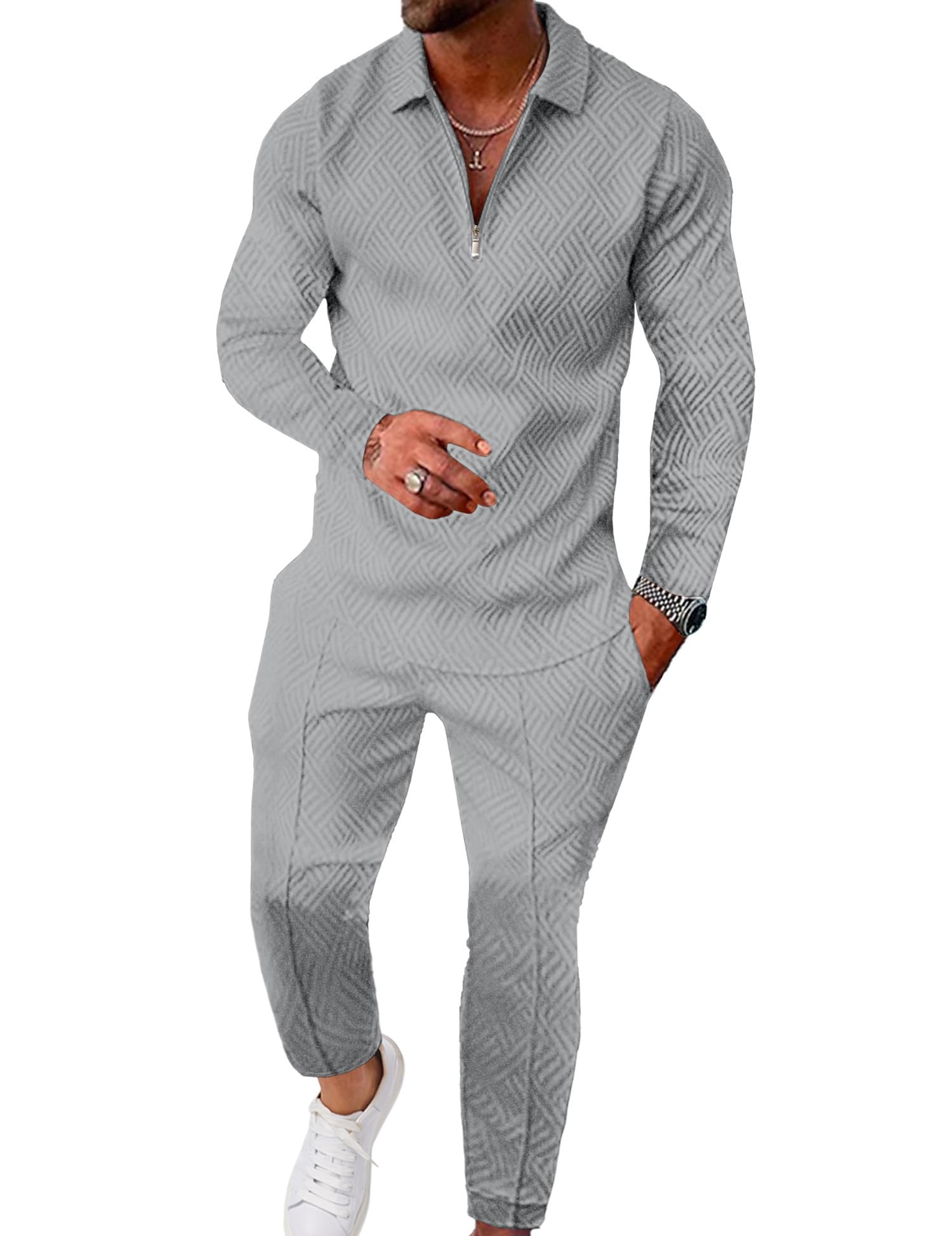 UOUA Mens 2 Piece Set Casual Outfits Polo Long Sleeve Shirt & Pants Tracksuit Loungewear Athletic Jogger Sweatsuit