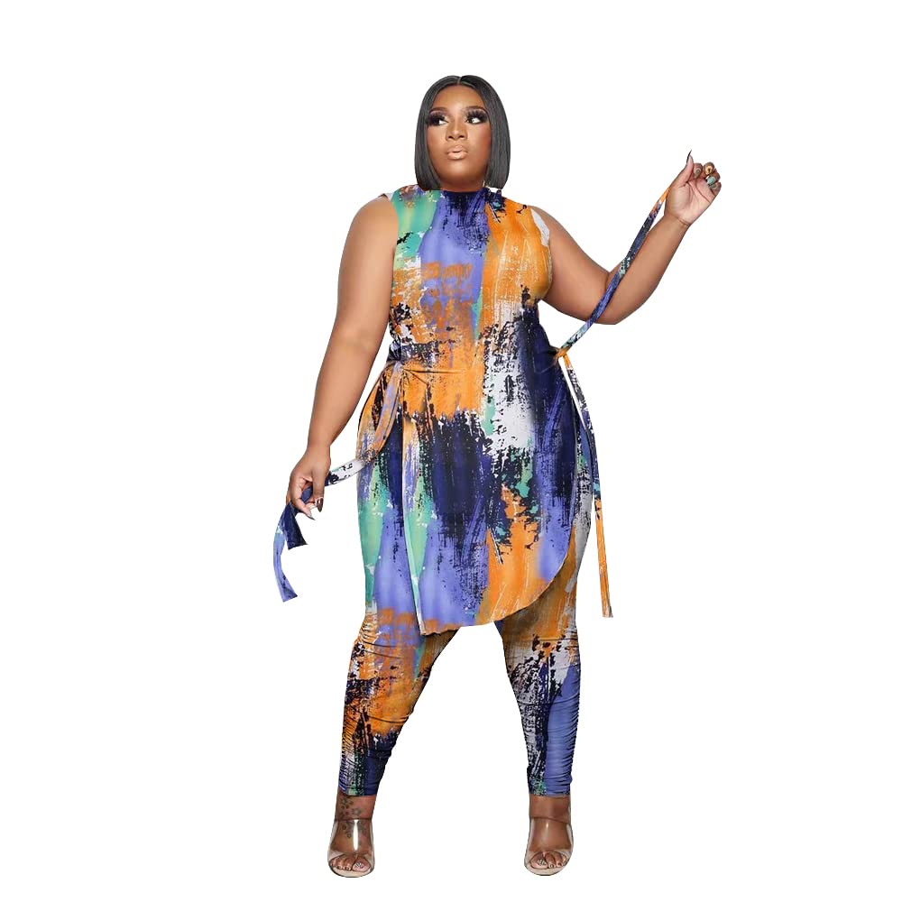 Dmoled Women Plus Size 2 Piece Outfits Jumpsuit Camouflage Print Sleeveless Slit Tunic Tops Pant Set