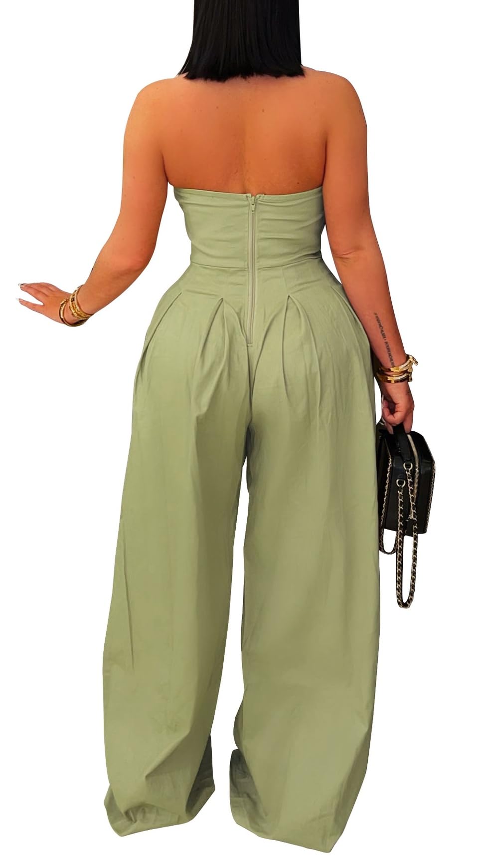 BOKITECAO Womens Cargo Jumpsuit Sexy Strapless One Piece Outfit Off Shoulder Top Ruched Wide Leg Rompers Overalls