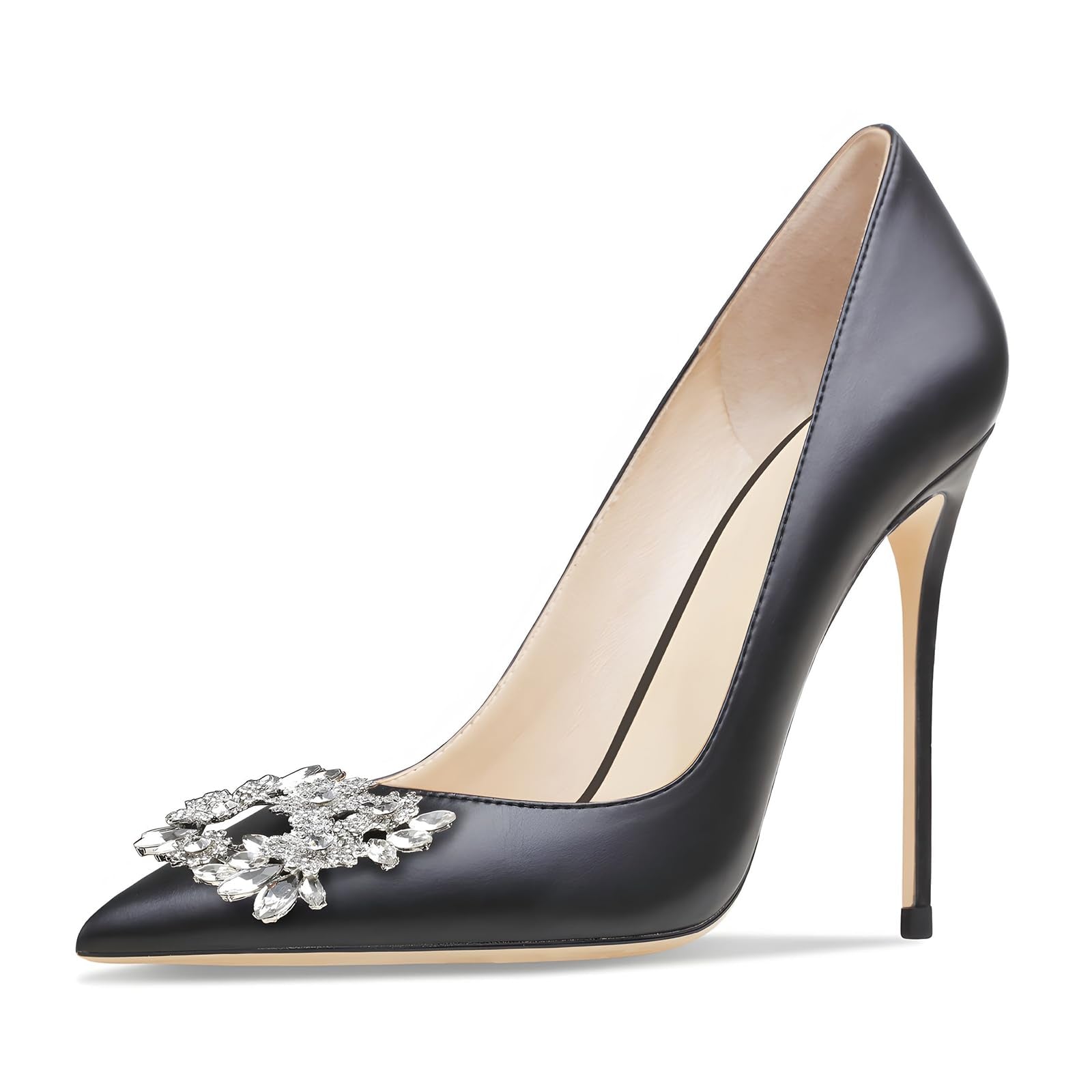 Qunvngutui Women's Pointed Toe Shallow Mouth Sexy Square Buckle Rhinestones 10cm Stiletto Heels Slip-on Wedding Party Banquet Big Size Shoes