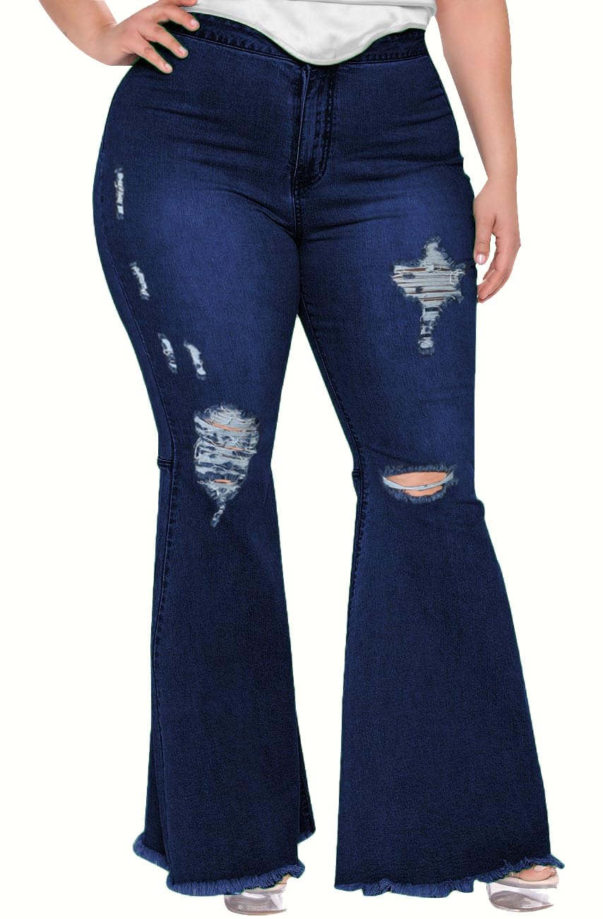 BessCops Plus Size Bell Bottom Jeans for Women Elastic High Waisted Classic Flared Denim Pants