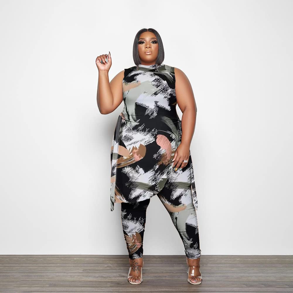 Dmoled Women Plus Size 2 Piece Outfits Jumpsuit Camouflage Print Sleeveless Slit Tunic Tops Pant Set