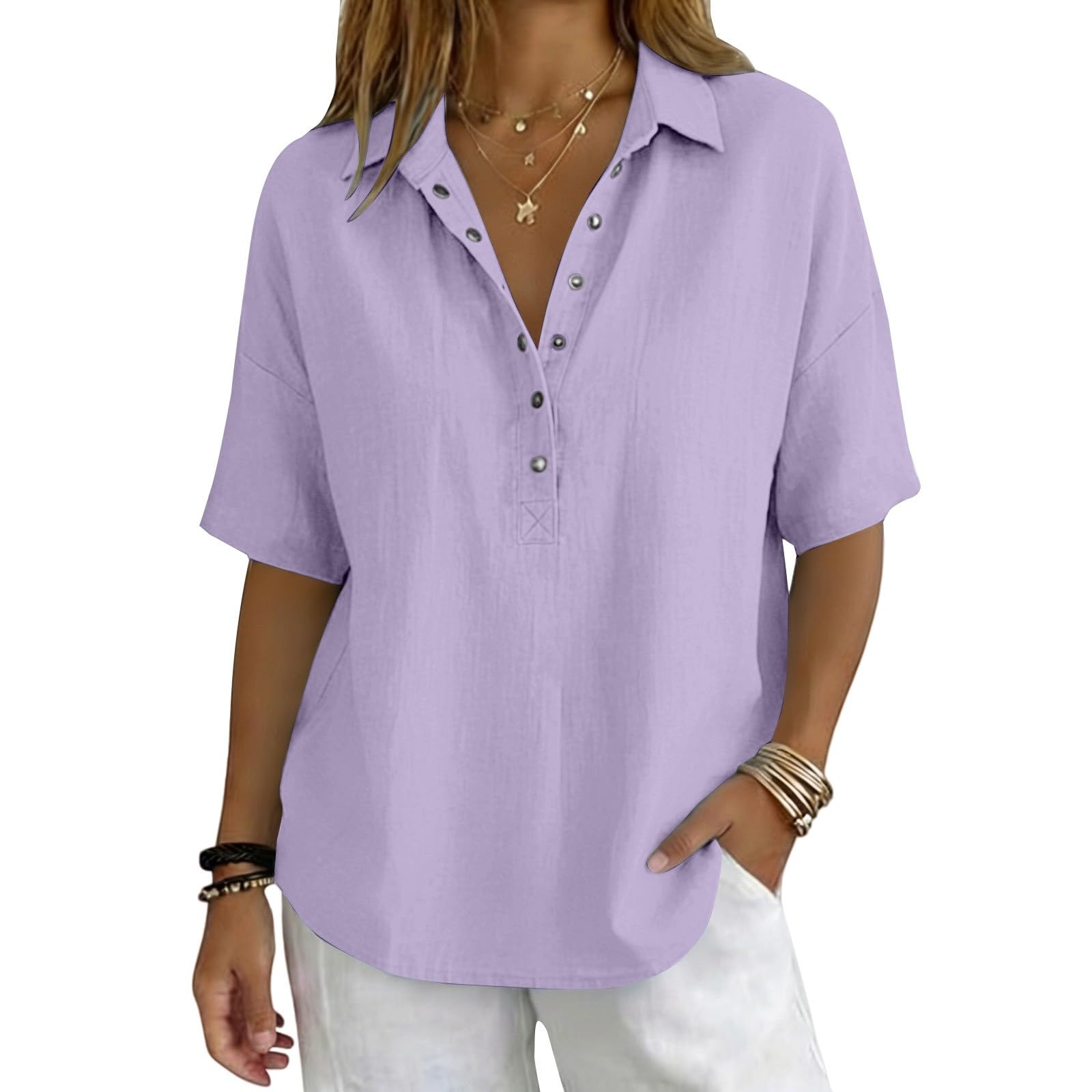 Linen Tops for Women Breathable Gauze Shirts Cotton Button Down Summer Elbow Length Blouses Dressy Casual Clothes