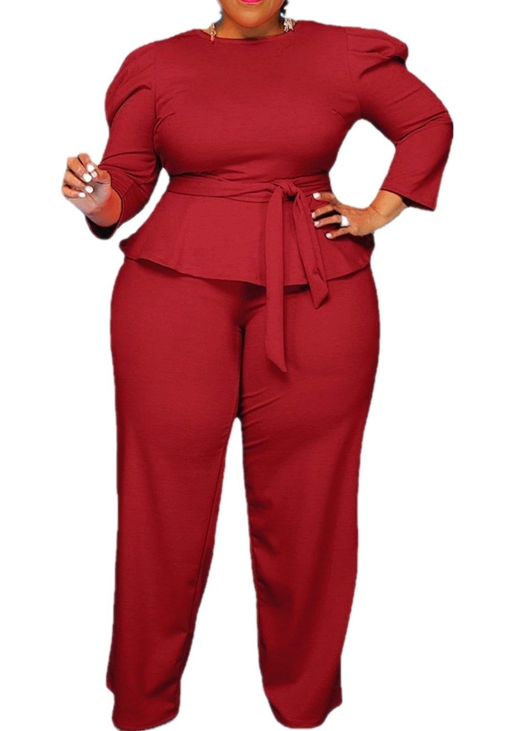 MRSFITOK Plus Size 2 Piece Wide Leg Pants Set for Women Casual Long Sleeve Shirt Long Pant Sets Sexy With Belt