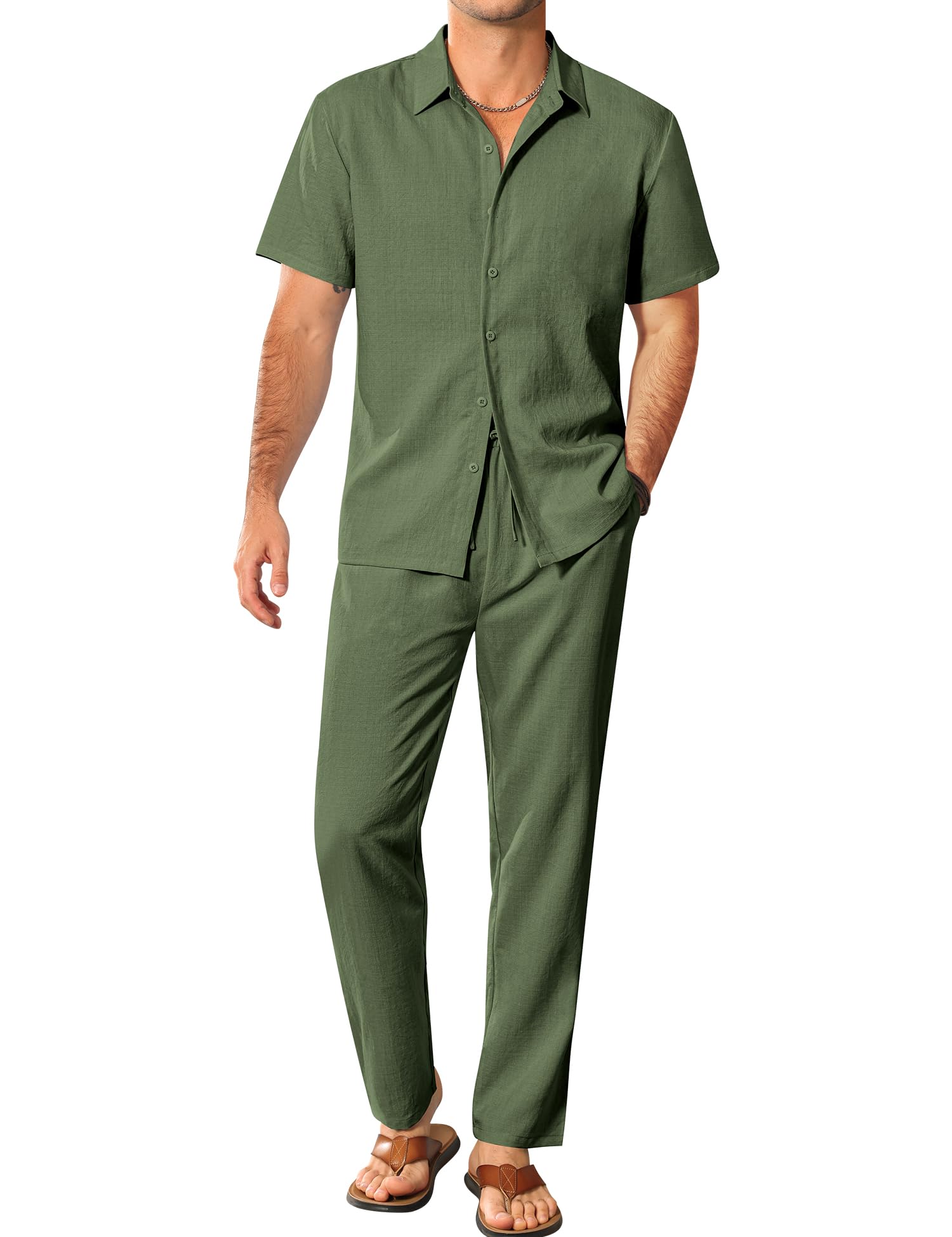 LecGee Mens 2 Piece Texture Outfit Casual Short Sleeve Button Down Shirt and Long Pants Linen Vacation Beach Sets