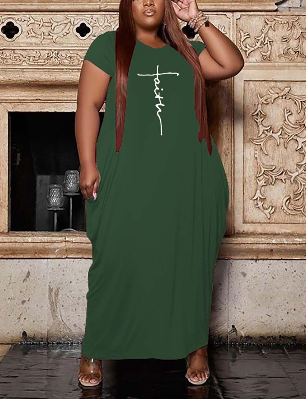 AIIYYQB Women's Summer Plus Size Short Sleeved Long Dress Casual Loose Faith Beach Maxi Dress with Pockets