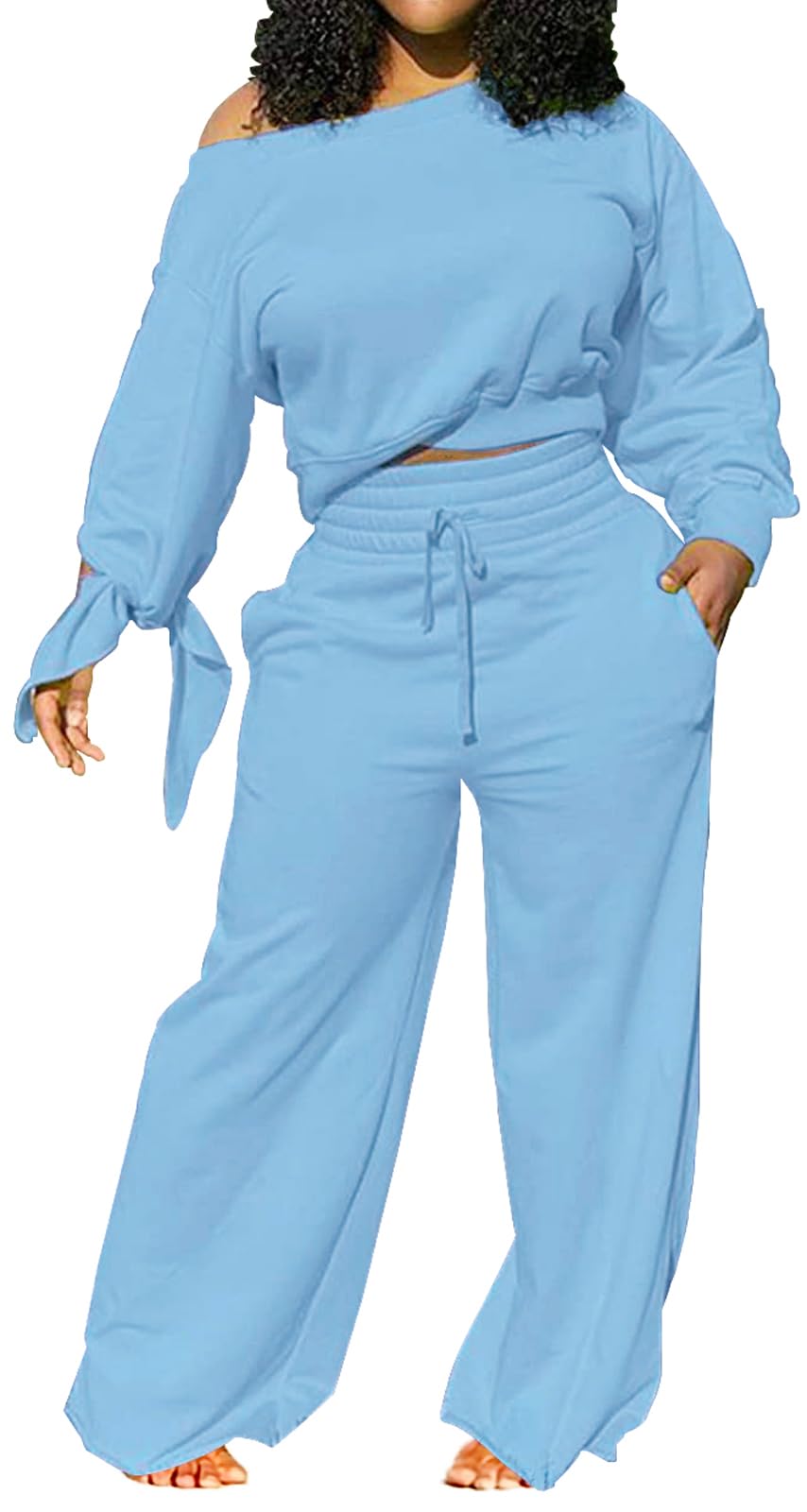 sexycherry Casual 2 Piece Outfits for Women Long Sleeve Sweatsuit Jogging Straight Long Pants Sets with Pockets