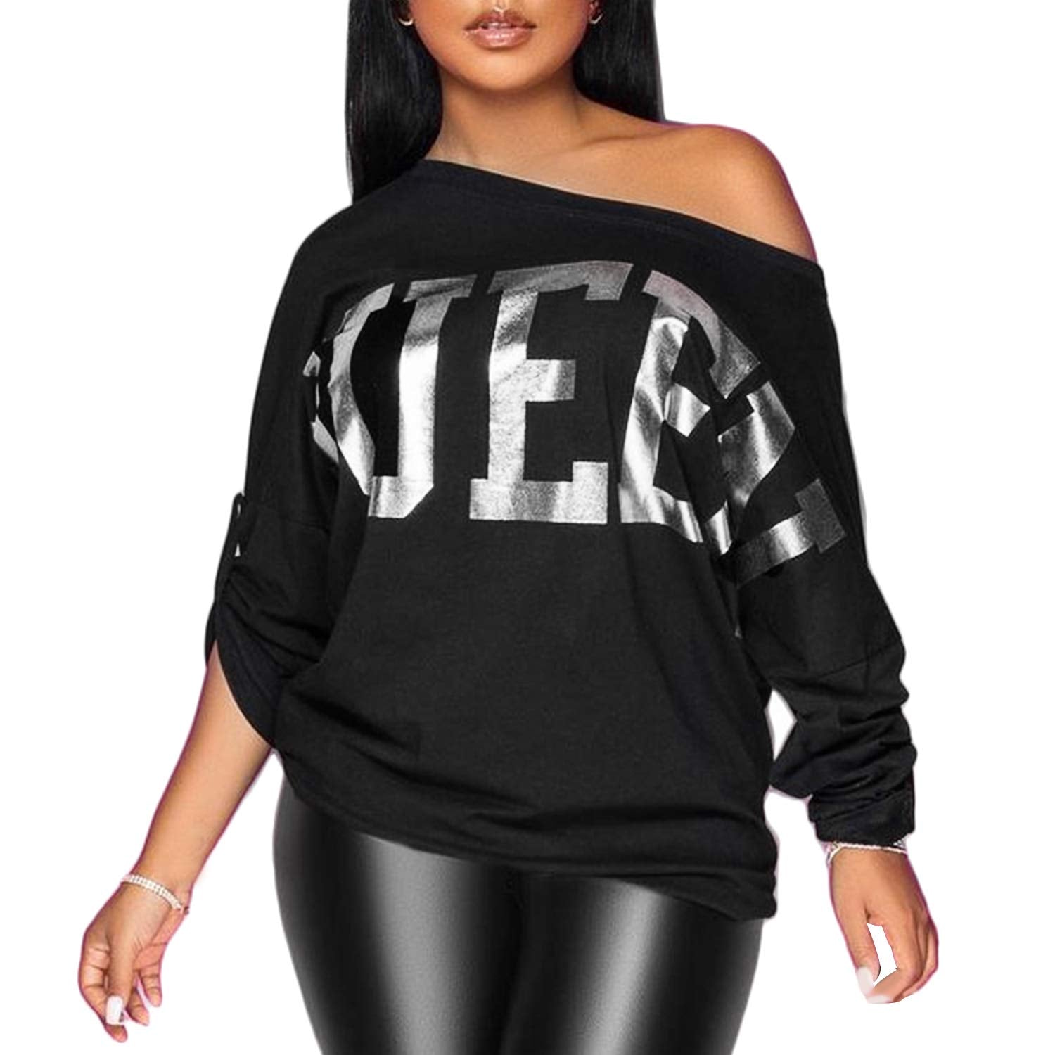 PESION Womens Off The Shoulder Tops Sexy Shiny Metallic Shirts Long Sleeves Fashion Graphic T-Shirts Blouses