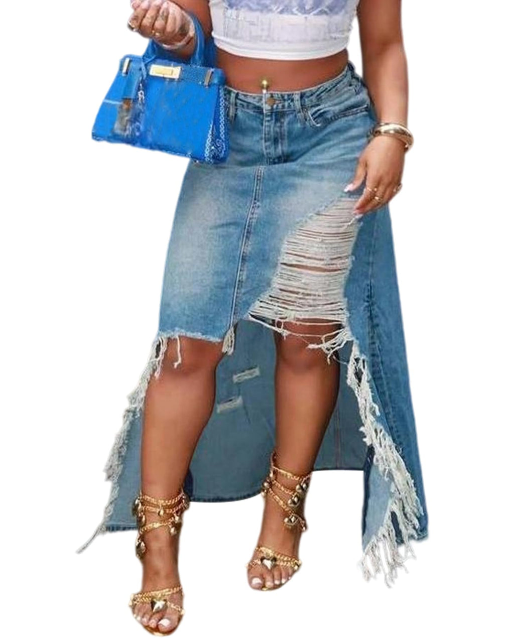 Voghtic Casual Slit Long Jean Skirts for Women Denim High Waist Frayed Distressed High Low Denim Skirt