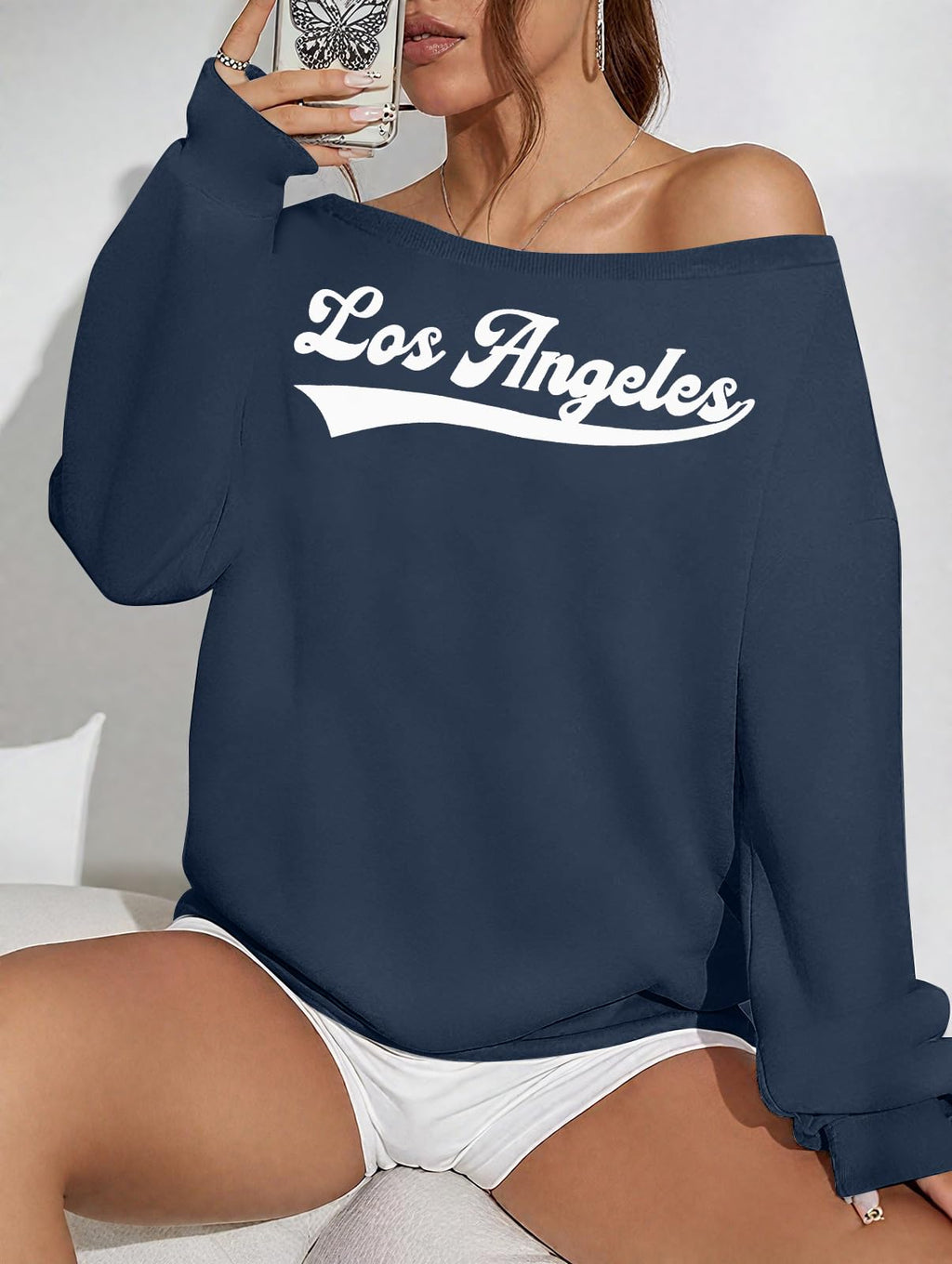 FASHGL Women's Off The Shoulder Sweatshirts Tops Oversized Sweatshirt Streetwear Y2K Jersey Number Graphic Long Sleeve