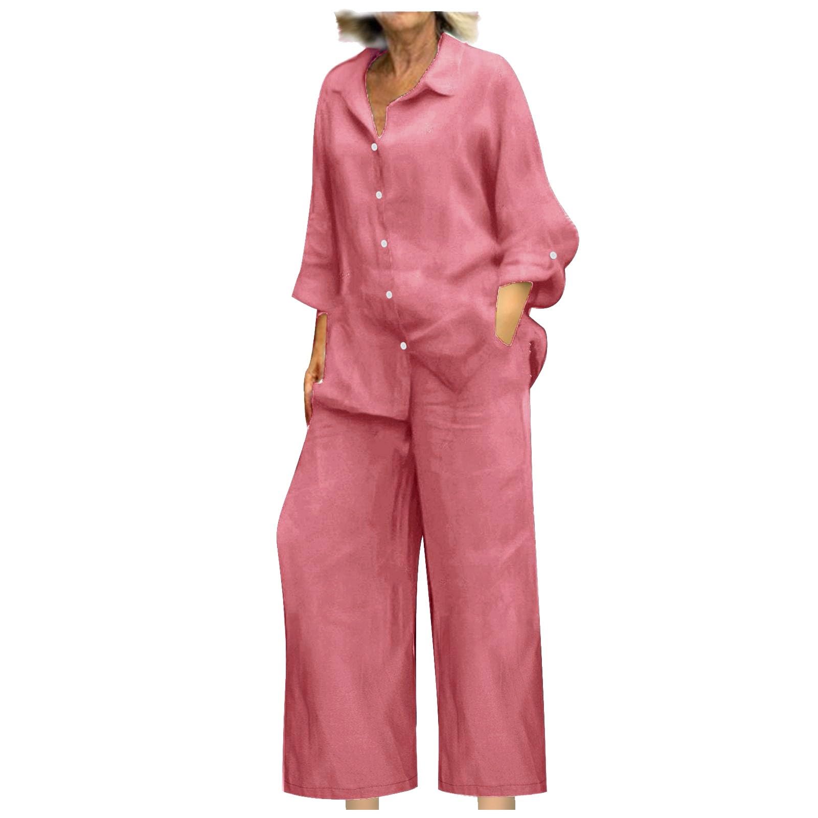 BAOQIN Linen Sets for Women 2 Piece - Womens Long Sleeve Button Down Shirts Summer Wide Leg Breathable Cotton Linen Pants Set