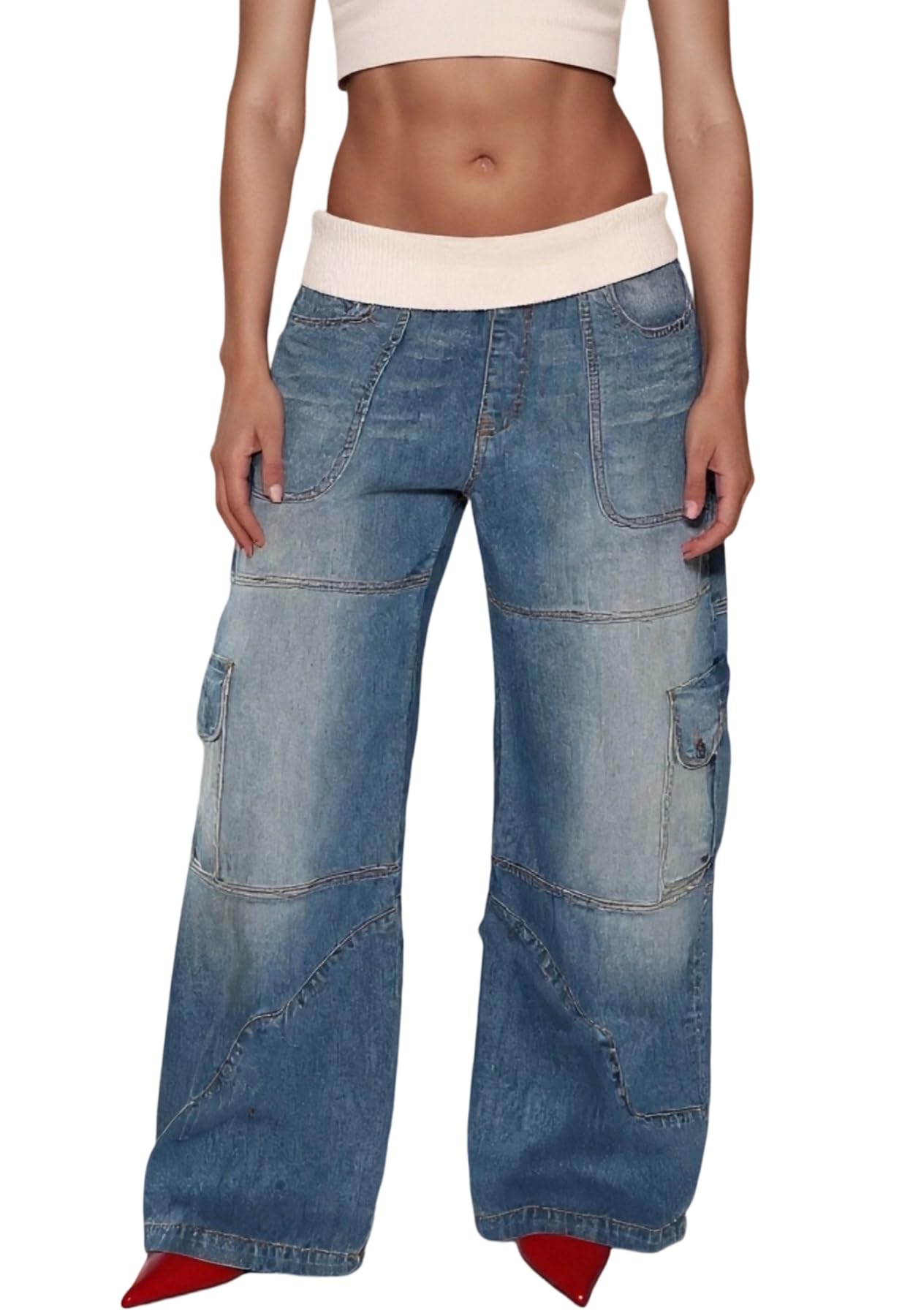 Unybwonn Women Baggy Cargo Jeans High Waist Patchwork Trendy Vintage Denim Pants Wide Leg Distressed Jeans with Pockets