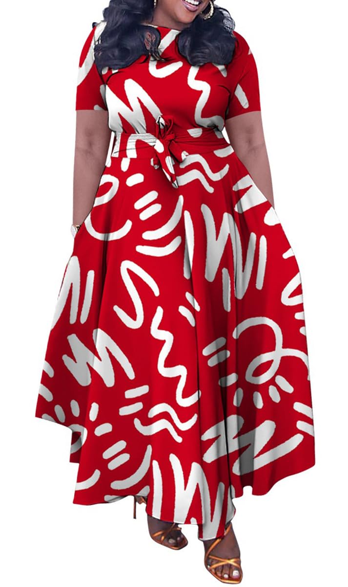 BFFBABY Plus Size Dress A Line Dresses for Women Summer Long Dresses with Sleeve Casual Belted