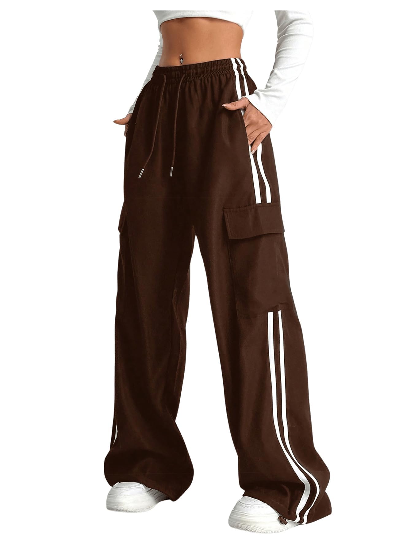 Verdusa Women's Cargo Pants Baggy Straight Wide Leg Track Pants Striped Joggers with Pockets Athletic Streetwear