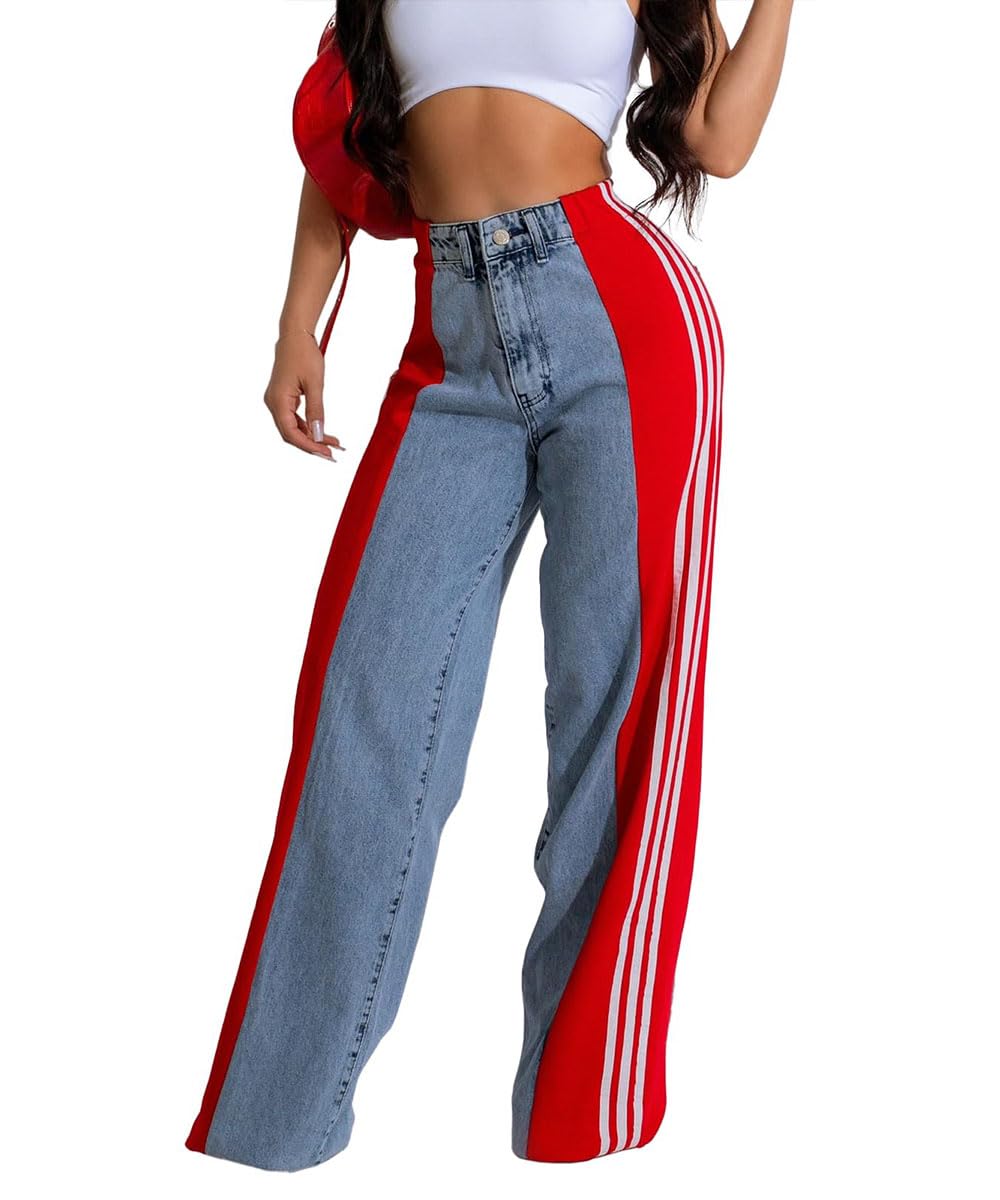 knowfashionstyle Womens Jeans High Waisted Wide Leg Patchwork Stripes Stretchy Jean Color Block Straight Trendy Demin Pants