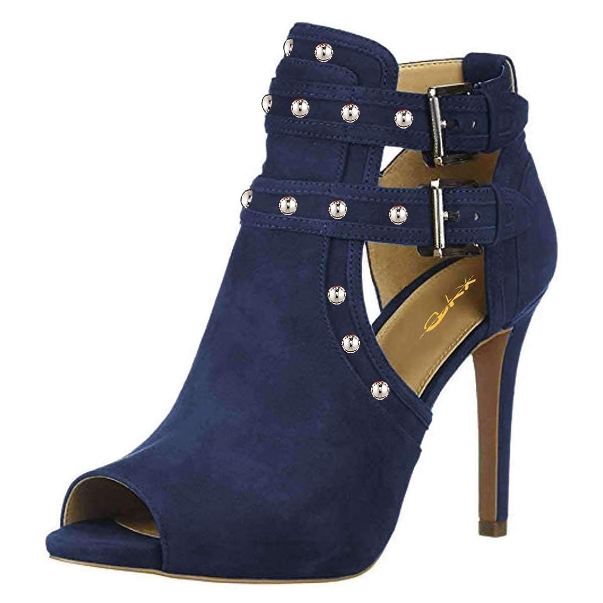 XYD Women Chic Studs Peep Toe Ankle Bootie High Heel Pumps Buckled Double Straps Cutout Fashion Party Shoes