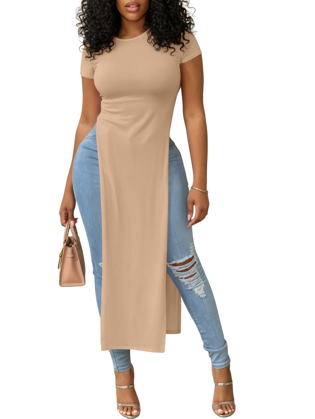 OPOIPIN Women's Crew Neck Split Slit Hem Short Sleeve Slim Fit Tee Top Long Shirt Tunic