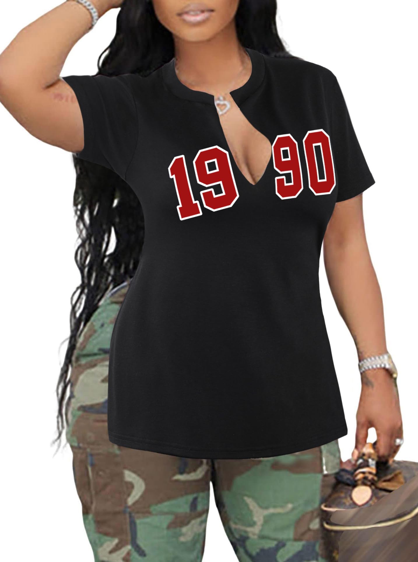 LovelyWholesale Womens Graphic Tees Sexy V Neck T Shirts Short Sleeve Side Slit Summer Tops