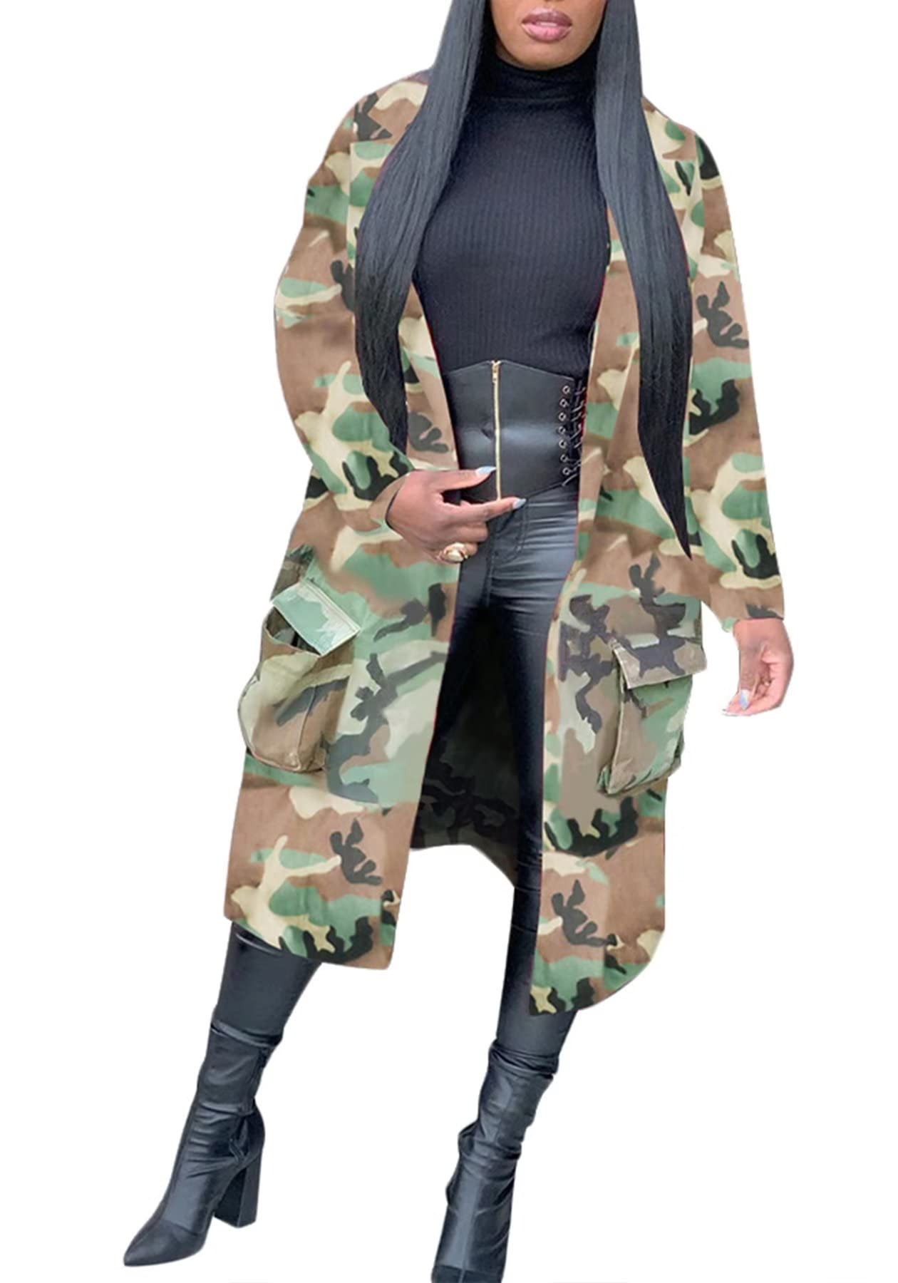 Sexy Camouflage Jacket for Women Army Fatigue Long Cargo Jackets Trench Coat Plus Size