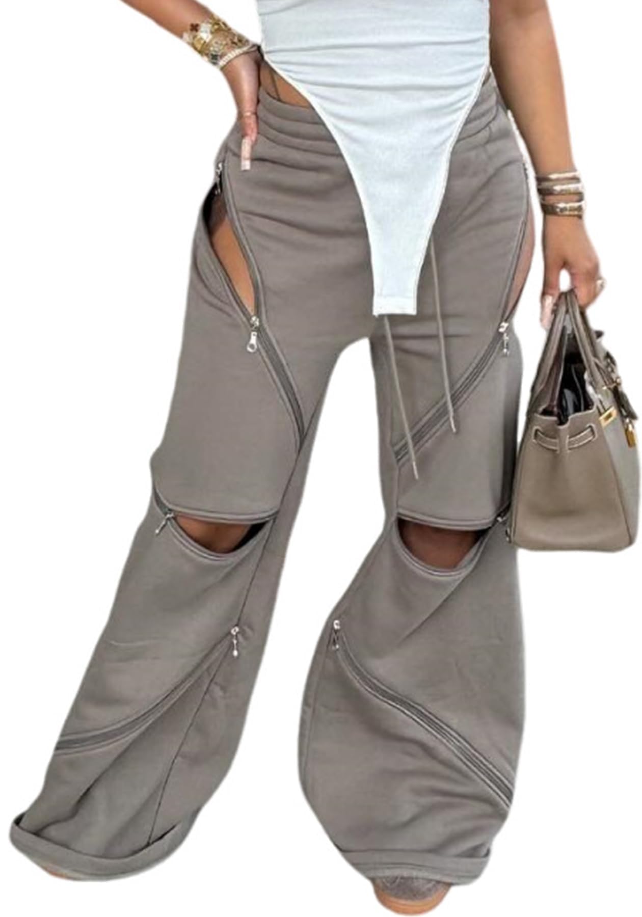 Unybwonn Women High Waist Wide Leg Y2k Sweatpants Baggy Patchwork Multi Zipper Ripped Cutout Joggers Pants Streetwear
