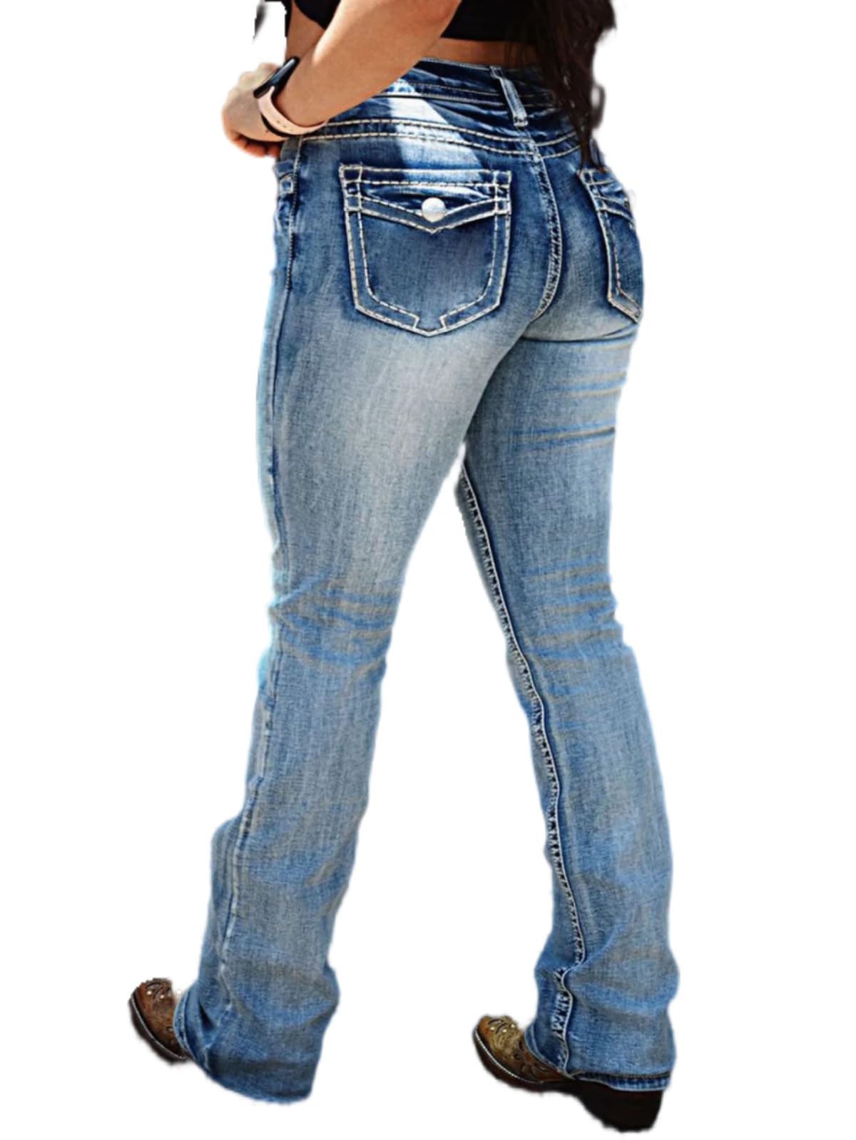 Flamingals Boot Cut Jeans for Women Trendy Stretch Jeans Butt Lifting Tummy Control Denim Pants Sea Blue 2XL