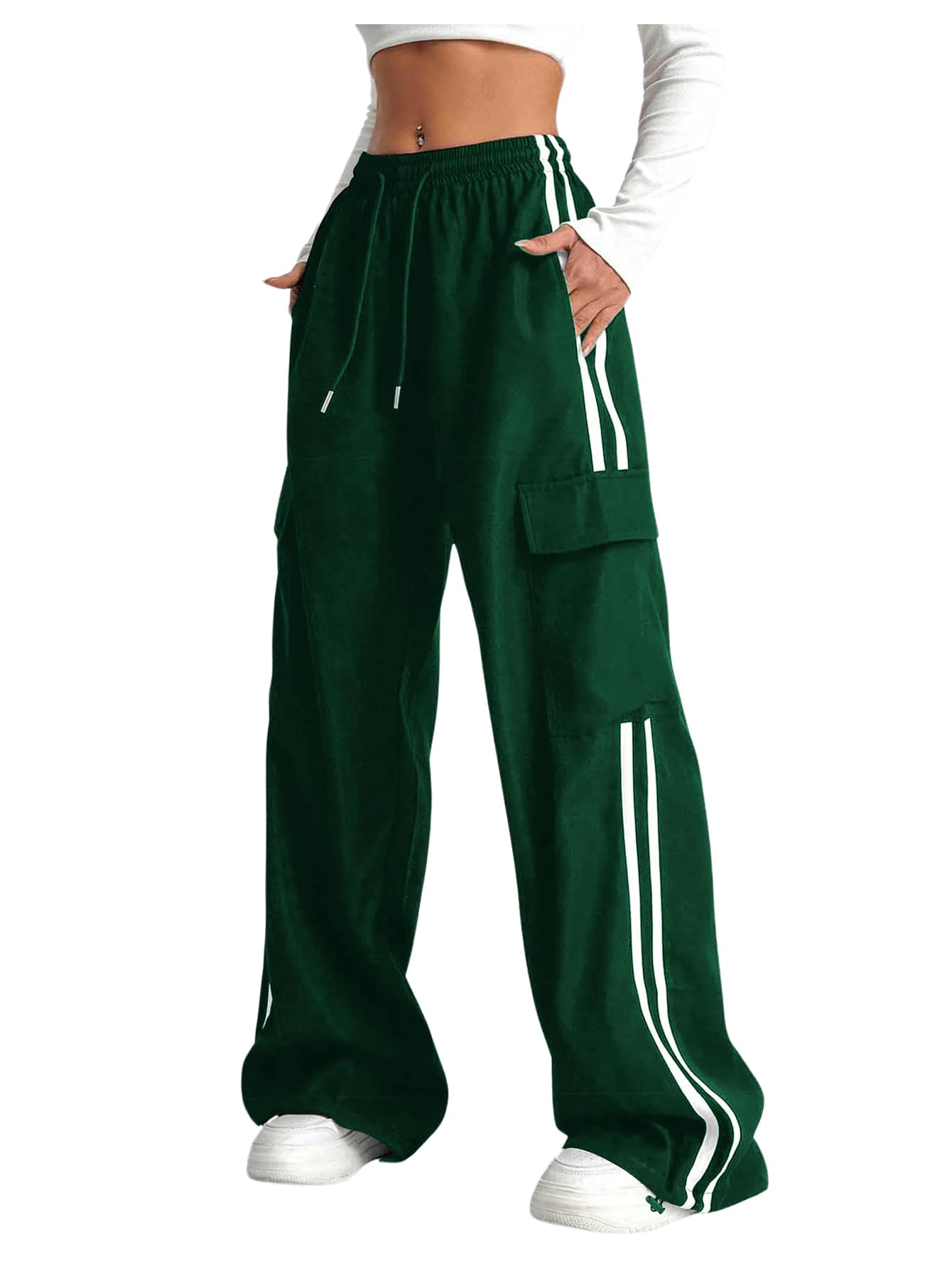 Verdusa Women's Cargo Pants Baggy Straight Wide Leg Track Pants Striped Joggers with Pockets Athletic Streetwear