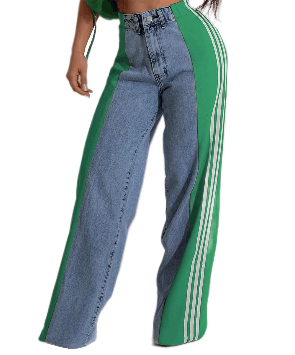 knowfashionstyle Womens Jeans High Waisted Wide Leg Patchwork Stripes Stretchy Jean Color Block Straight Trendy Demin Pants