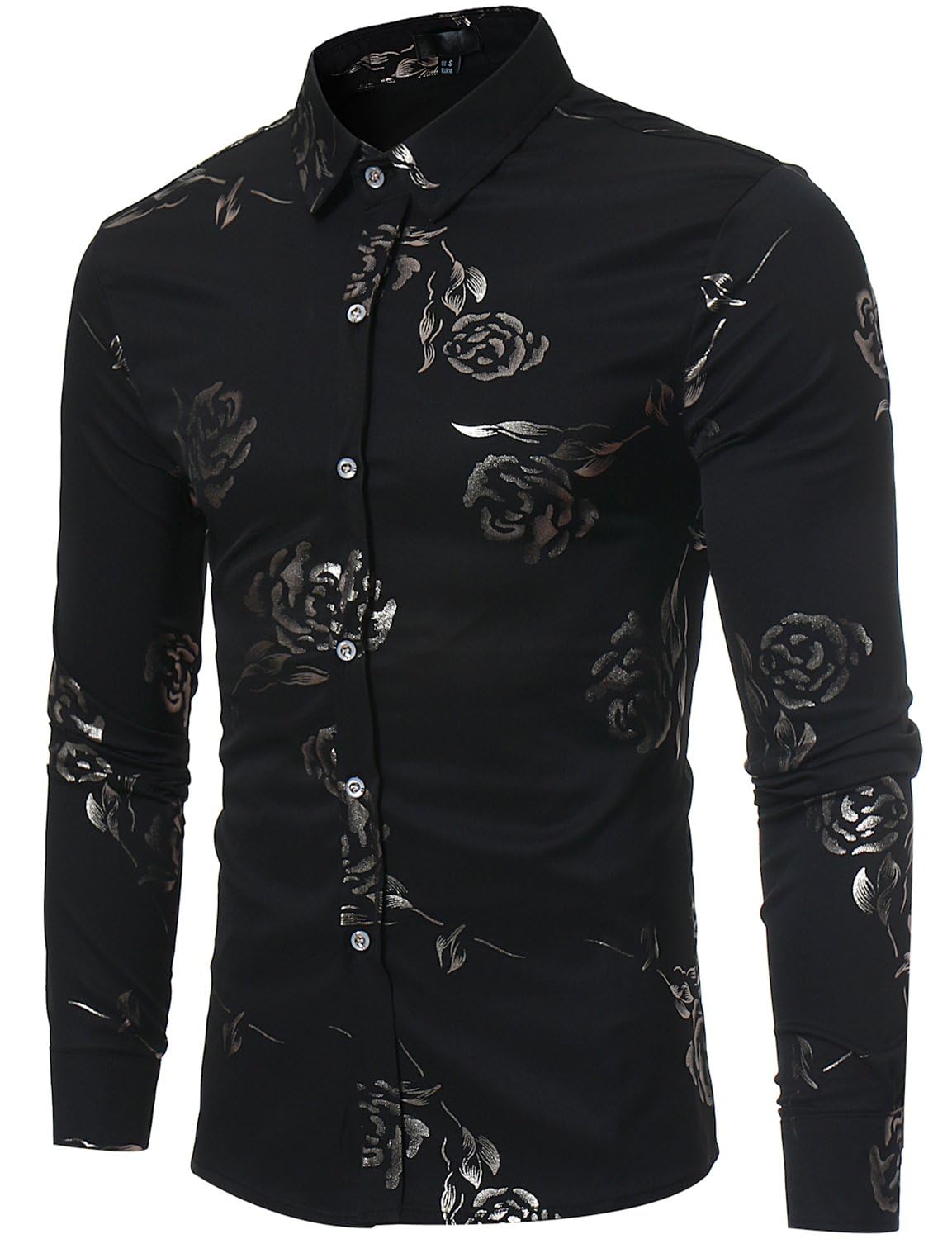 ZEROYAA Mens Hipster Rose Printed Slim Fit Long Sleeve Dress Shirts Prom Performing Shirts