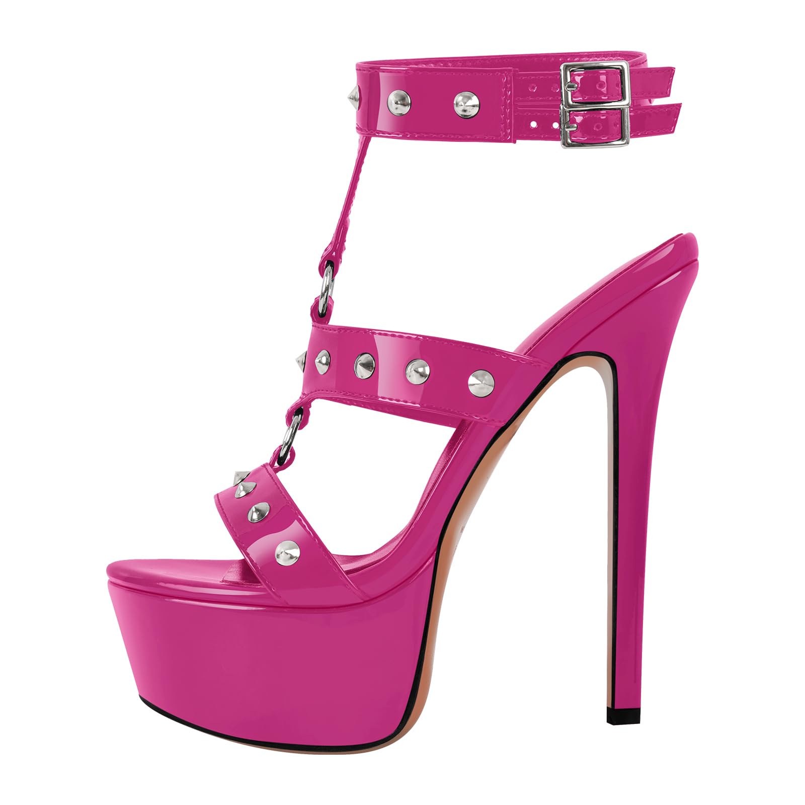 Only maker Open Toe Stiletto Heeled Platform Sandals for Women T-strappy Buckle up Rivet Studded Open-back Summer Sandals