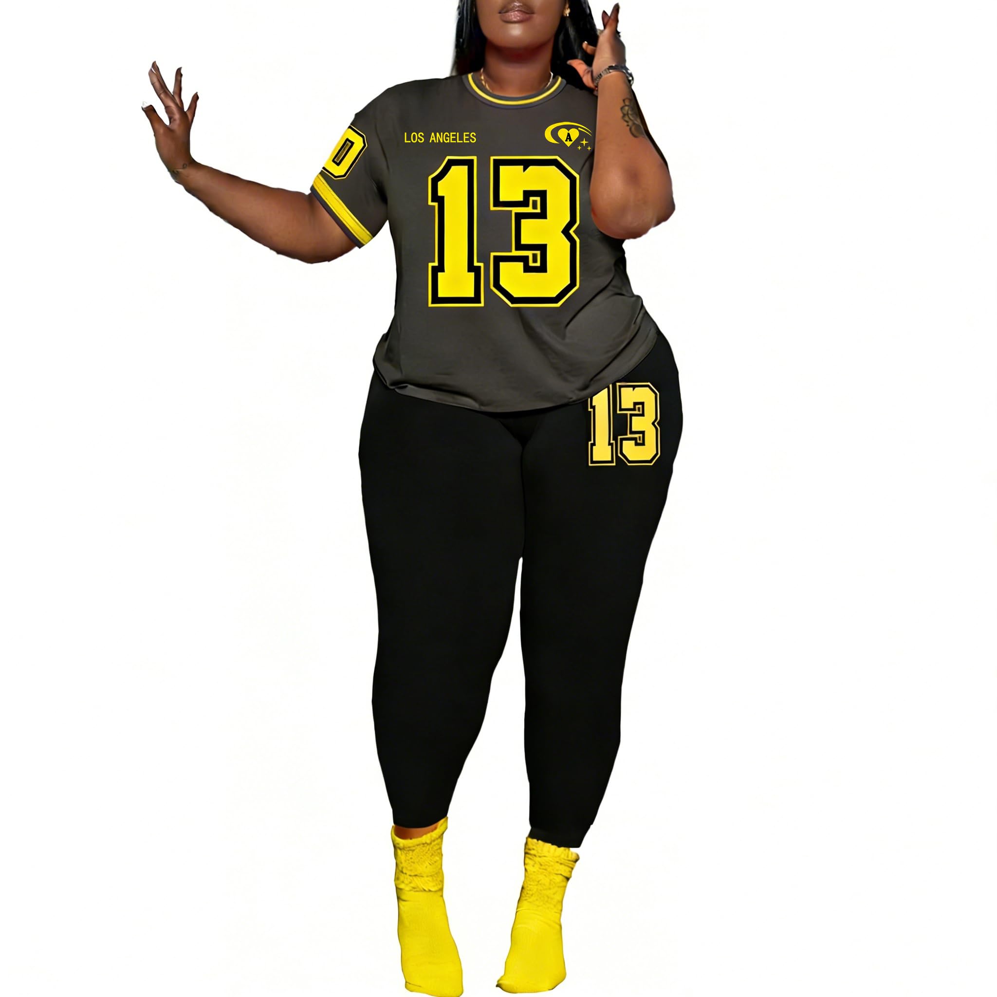 PINSV Women's Plus Size 2 Piece Outfits Tracksuits Short Sleeve Top Pants Sets Sweatsuits