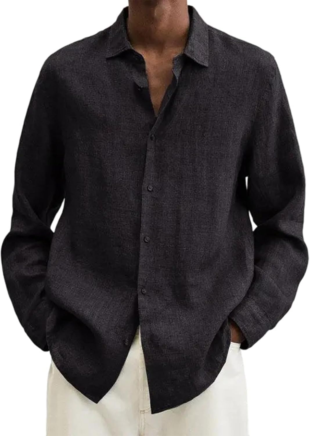 Cotton Linen Shirts for Men Button Down Casual Loose Fit Long Sleeve Summer Beach Shirts Vacation Tops