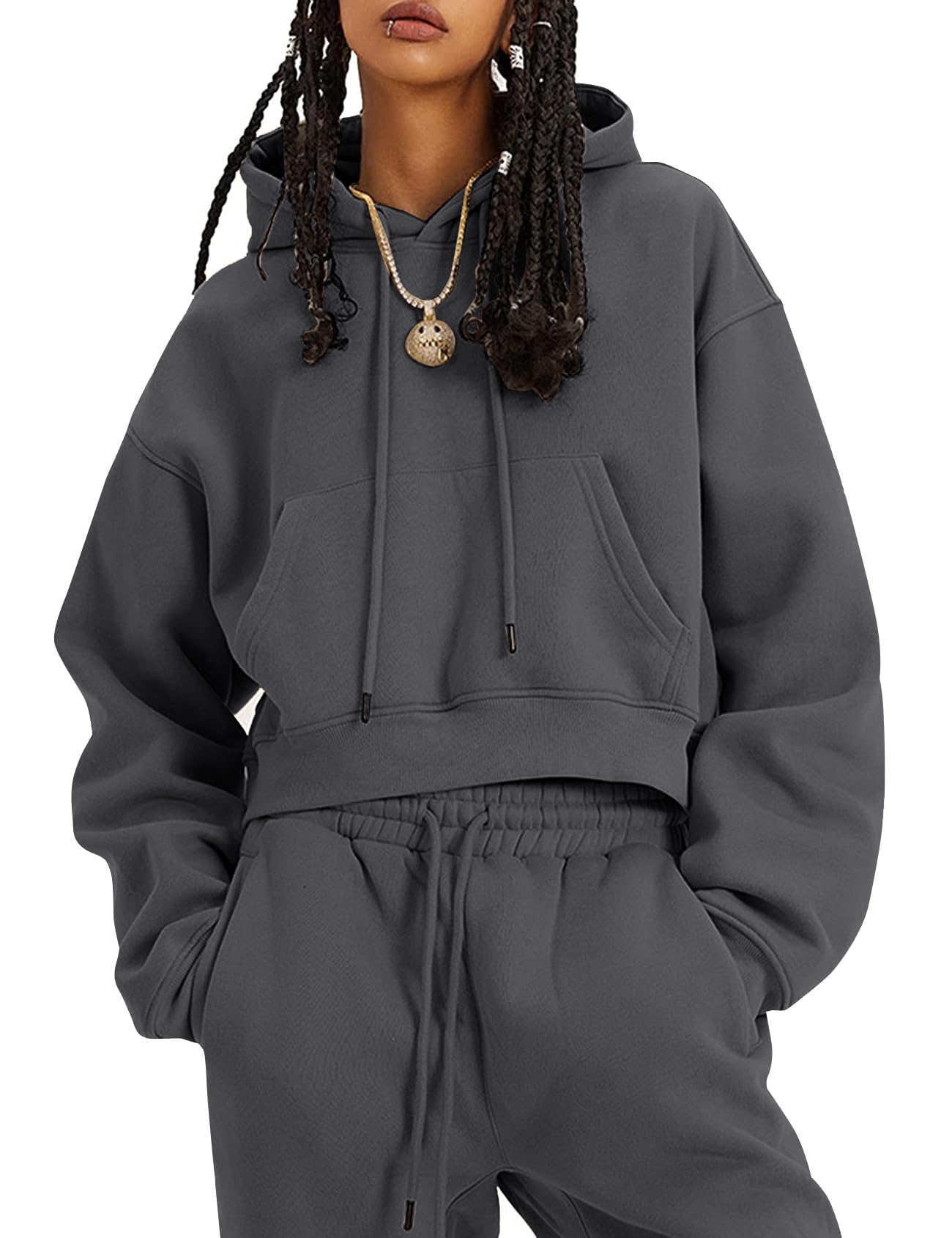 Flygo Womens Fleece 2 Piece Outfits Sweatsuit Crop Pullover Sweatshirt Joggers Pants Tracksuit Set