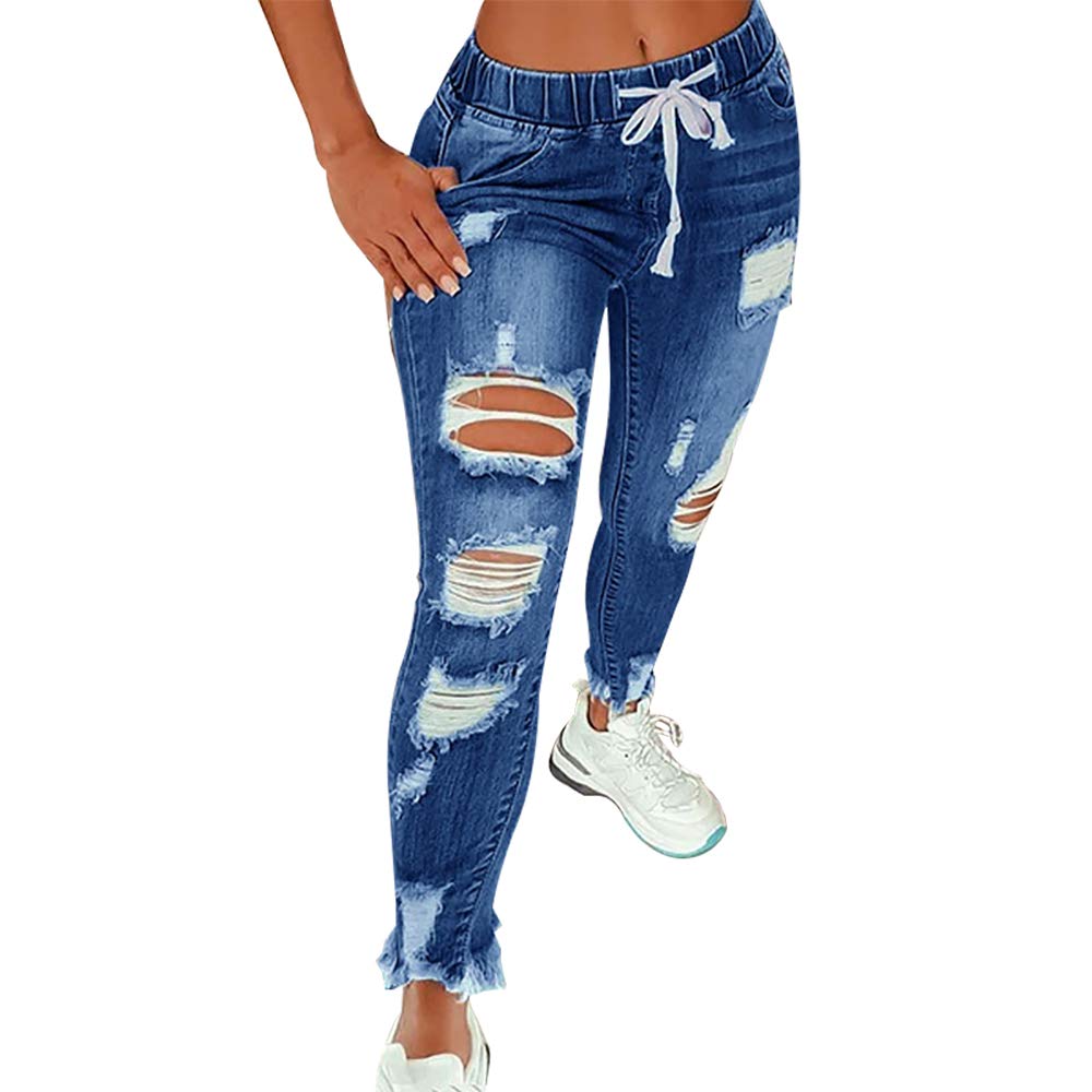 KUNMI Women High Waist Skinny Stretch Ripped Jeans Destroyed Denim Pants Plus Size