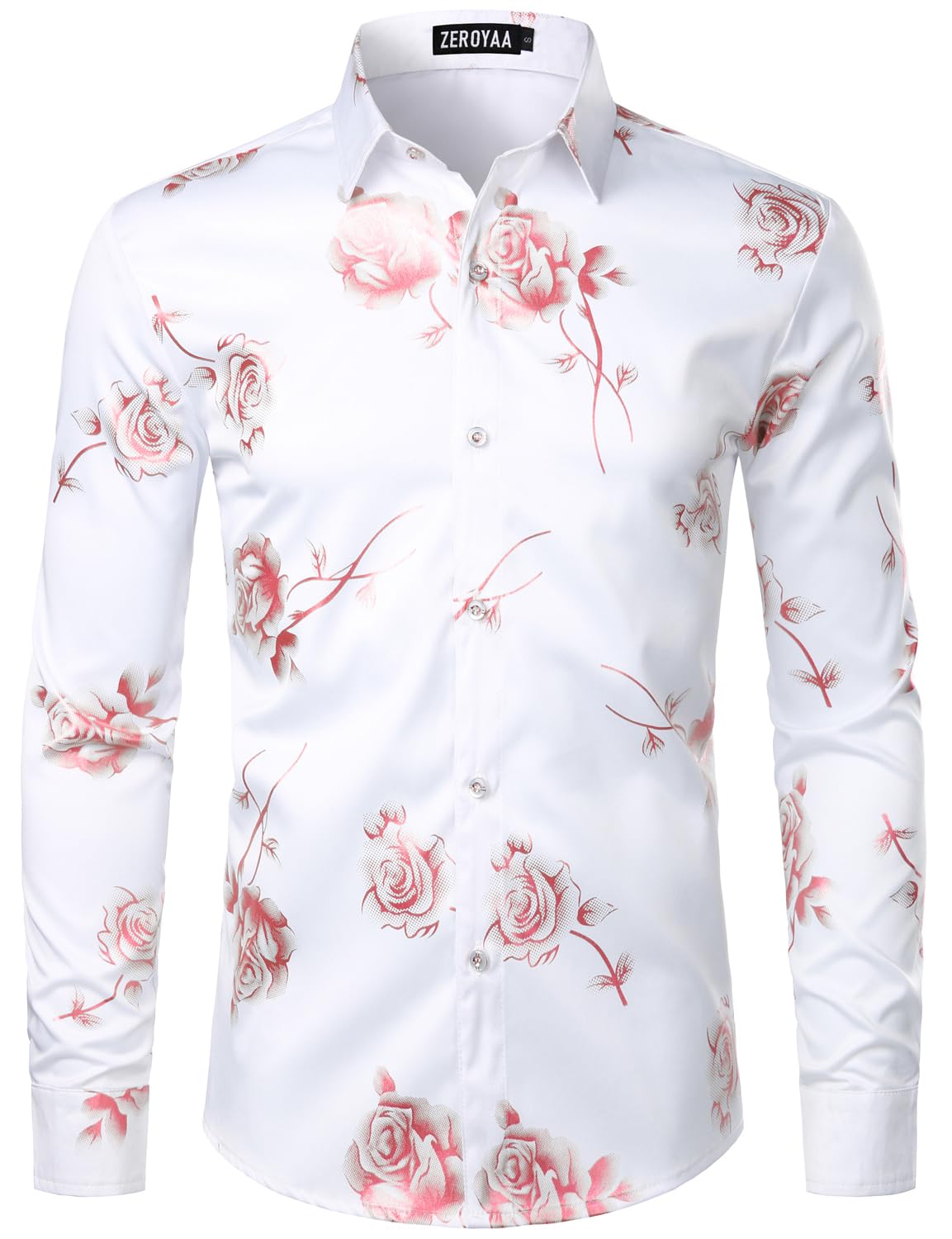 ZEROYAA Mens Hipster 3D Golden Rose Floral Printed Slim Fit Long Sleeve Button Down Dress Shirts
