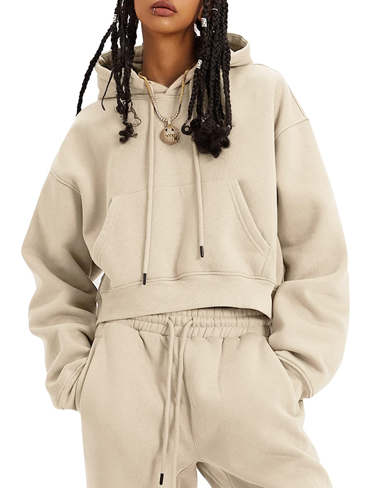Flygo Womens Fleece 2 Piece Outfits Sweatsuit Crop Pullover Sweatshirt Joggers Pants Tracksuit Set