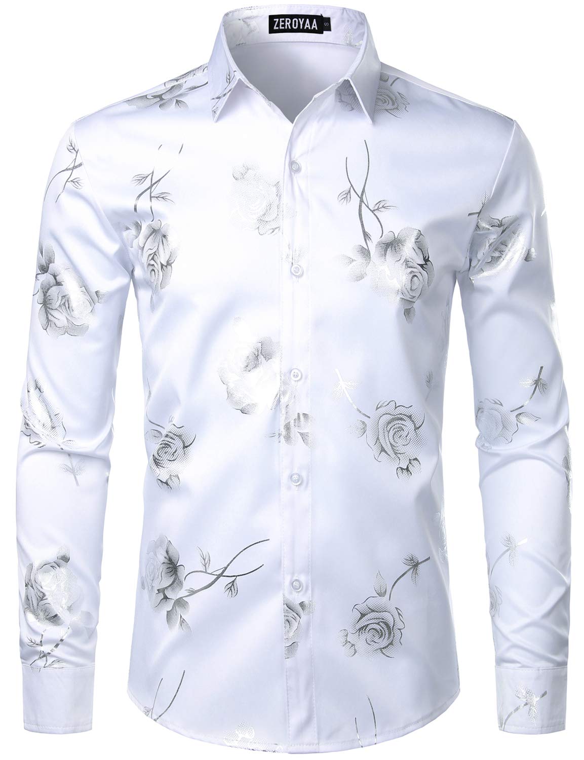 ZEROYAA Mens Hipster 3D Golden Rose Floral Printed Slim Fit Long Sleeve Button Down Dress Shirts