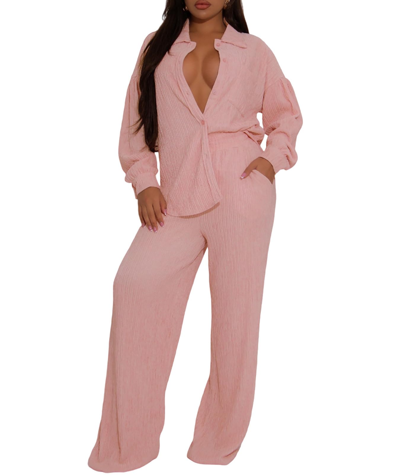 Ophestin Women 2 Piece Dressy Outfits Casual Pleated Long Sleeve Button Down Shirt Wide Leg Pants Loungewear Matching Sets