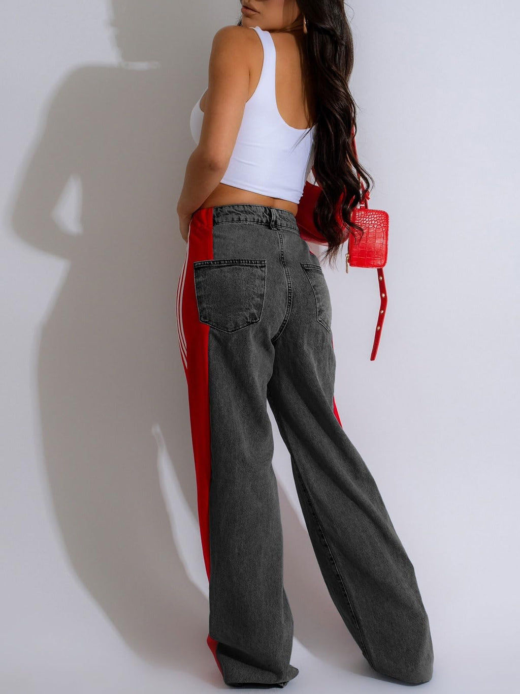 knowfashionstyle Womens Jeans High Waisted Wide Leg Patchwork Stripes Stretchy Jean Color Block Straight Trendy Demin Pants