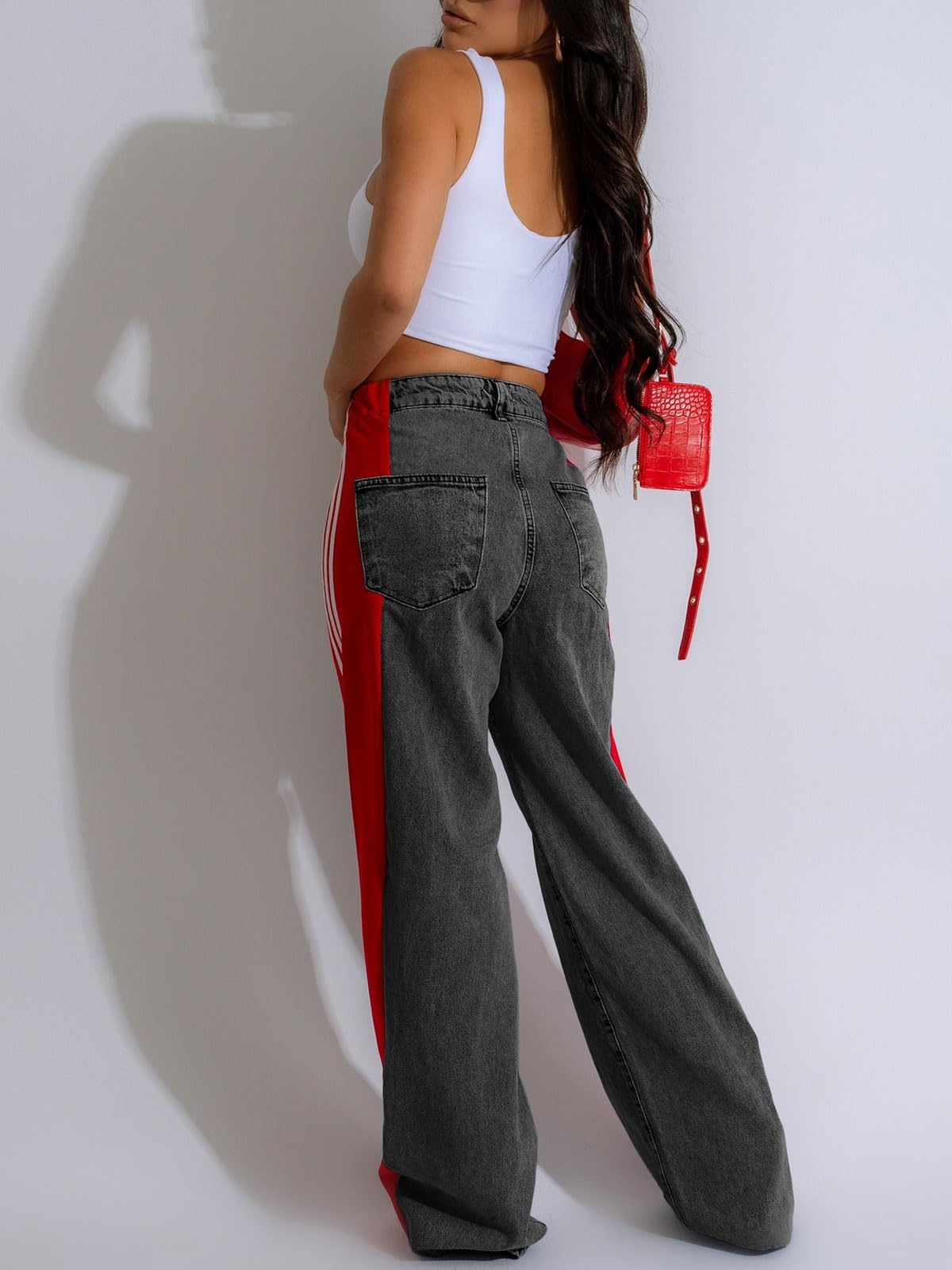 knowfashionstyle Womens Jeans High Waisted Wide Leg Patchwork Stripes Stretchy Jean Color Block Straight Trendy Demin Pants