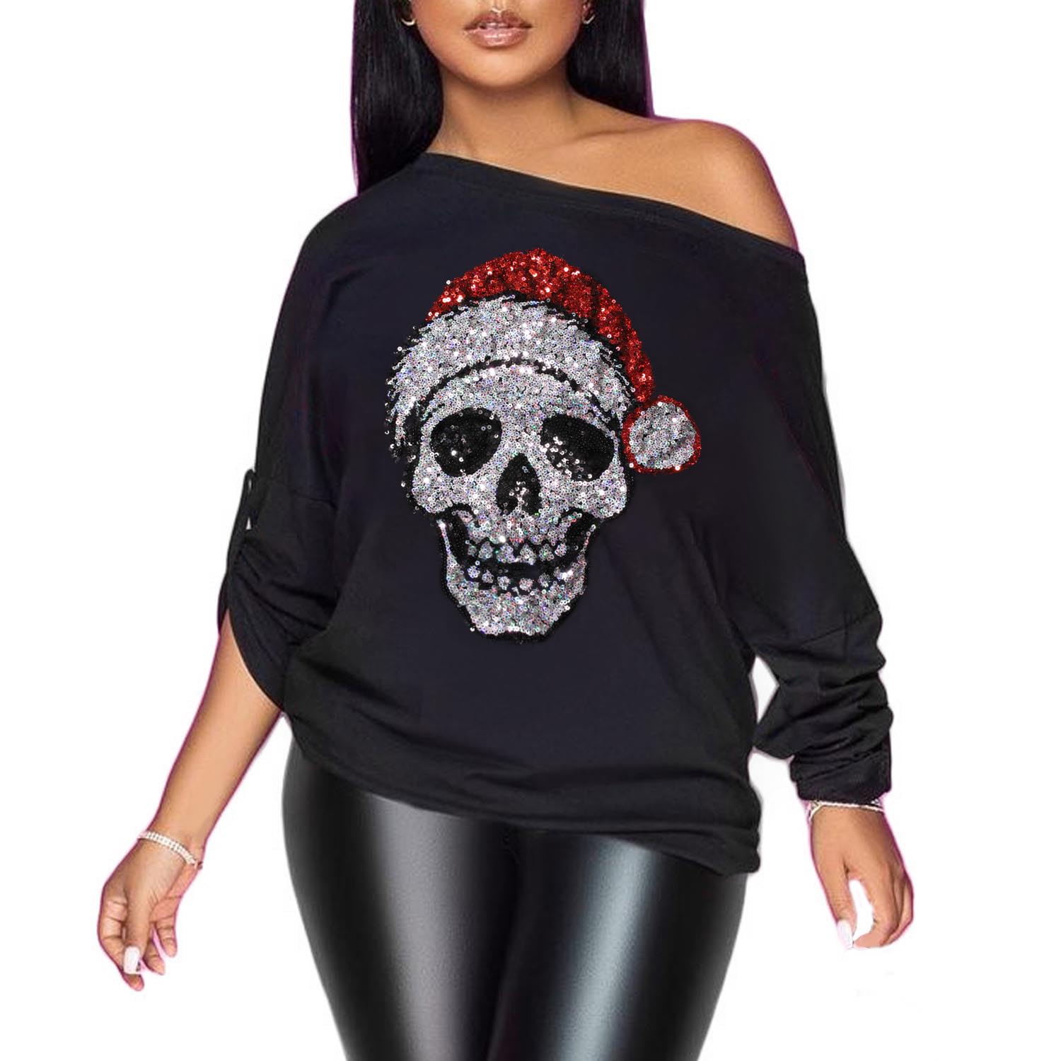 PESION Womens Off The Shoulder Tops Sexy Shiny Metallic Shirts Long Sleeves Fashion Graphic T-Shirts Blouses