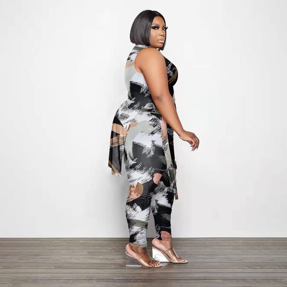 Dmoled Women Plus Size 2 Piece Outfits Jumpsuit Camouflage Print Sleeveless Slit Tunic Tops Pant Set