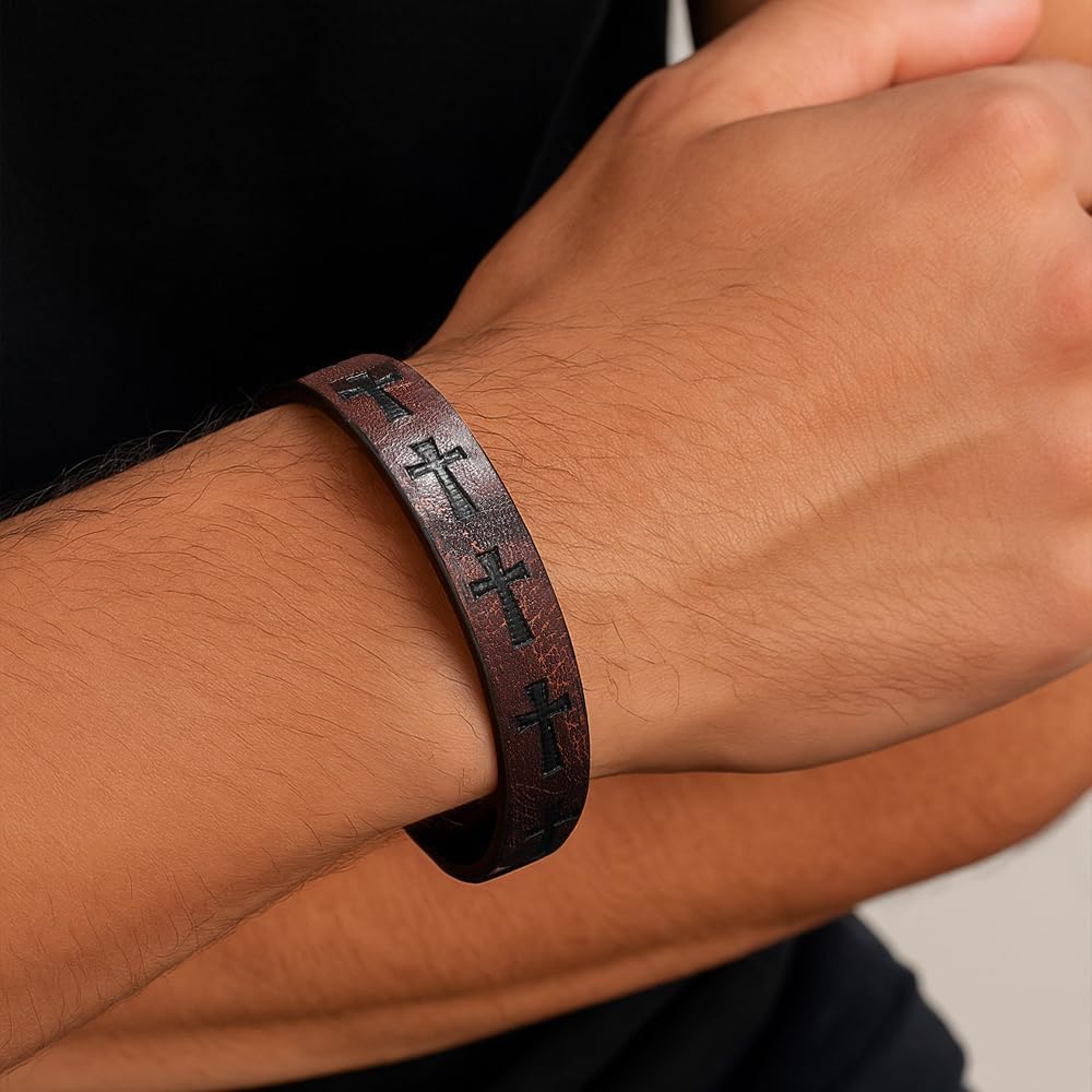 1PC Cross Unique Clasp Woven Bracelet, Leather Band Bracelet, Stylish Cross Design for Women and Men, Classical and Fashion Jewelry Accessory(Brown)