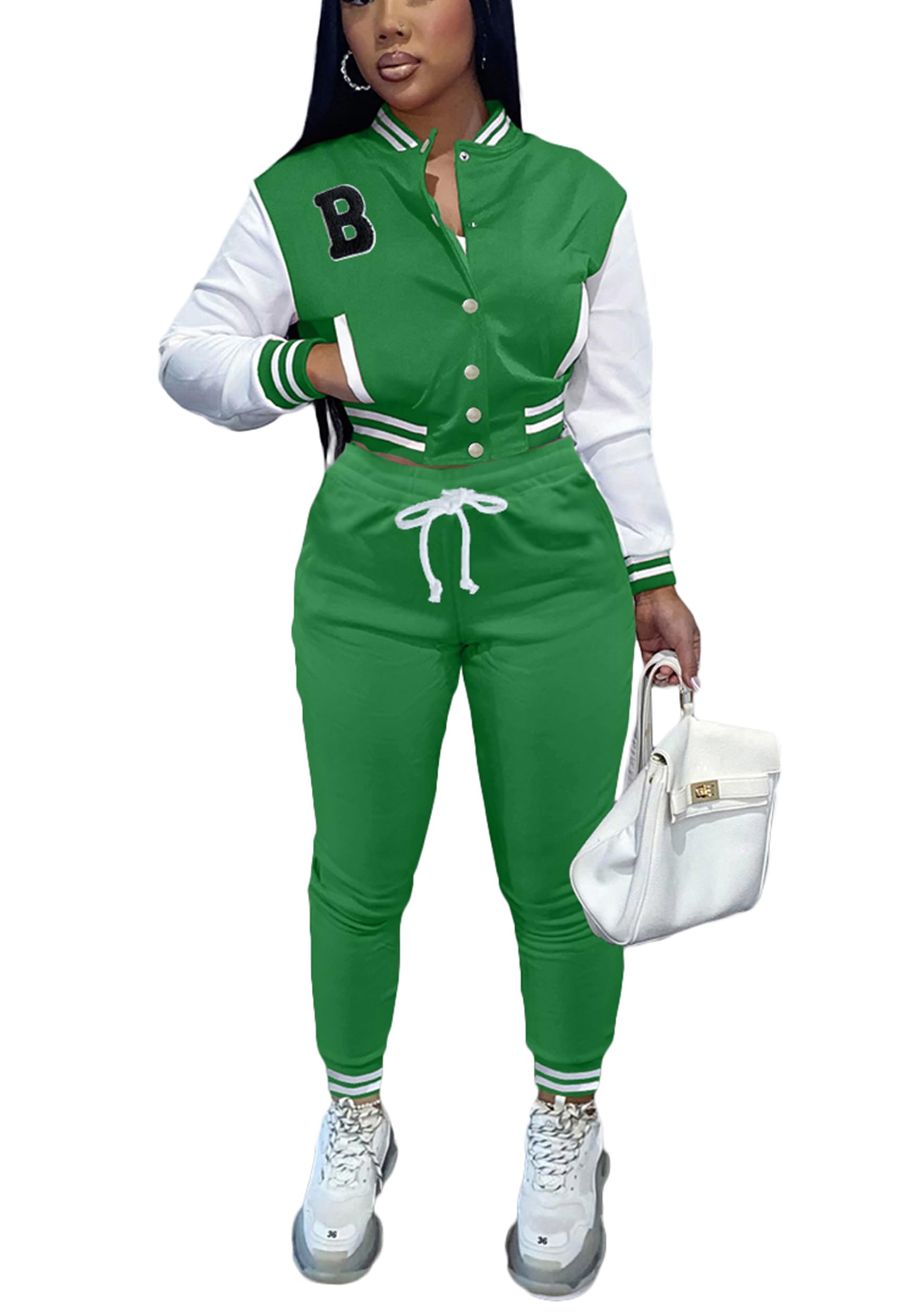 Fooullaide Women's Varsity Jacket Sweatsuit 2 Piece Tracksuit Crop Top Button Down Letterman Jackets Pants Sets