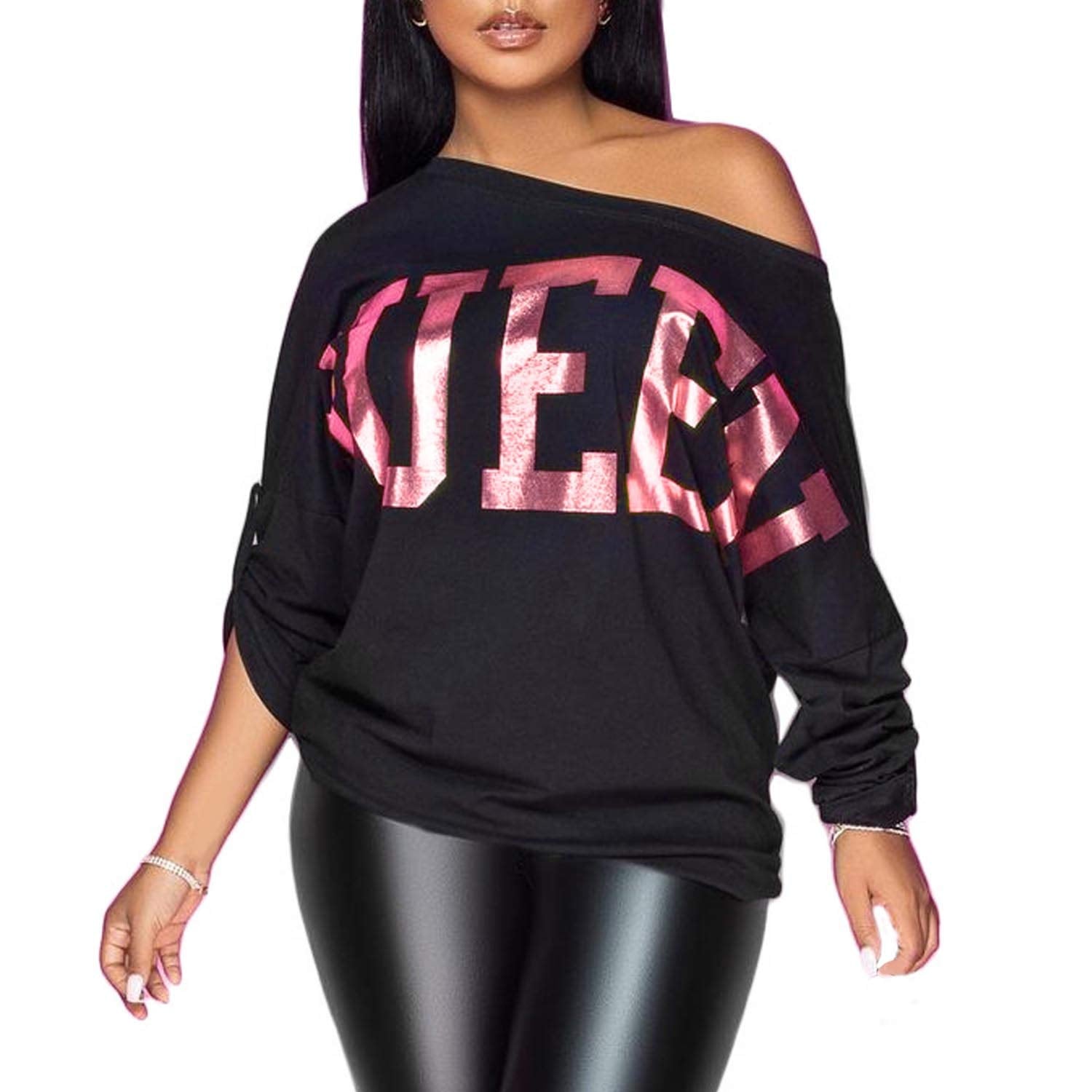 PESION Womens Off The Shoulder Tops Sexy Shiny Metallic Shirts Long Sleeves Fashion Graphic T-Shirts Blouses