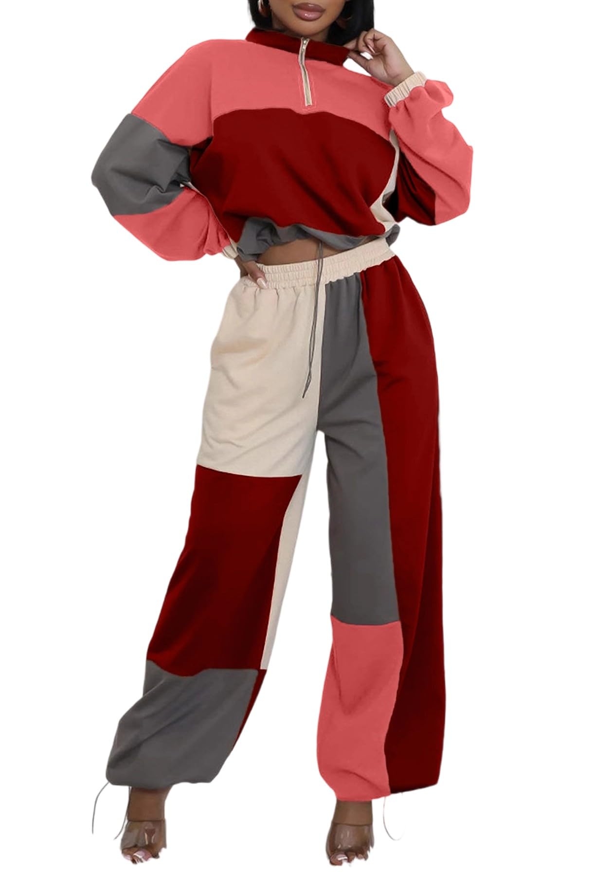 Tbahhir Women's 2 Piece Tracksuit Color Block Outfits Drastring Long Sleeve Crop Top and SweatPants Set Jogger Casual