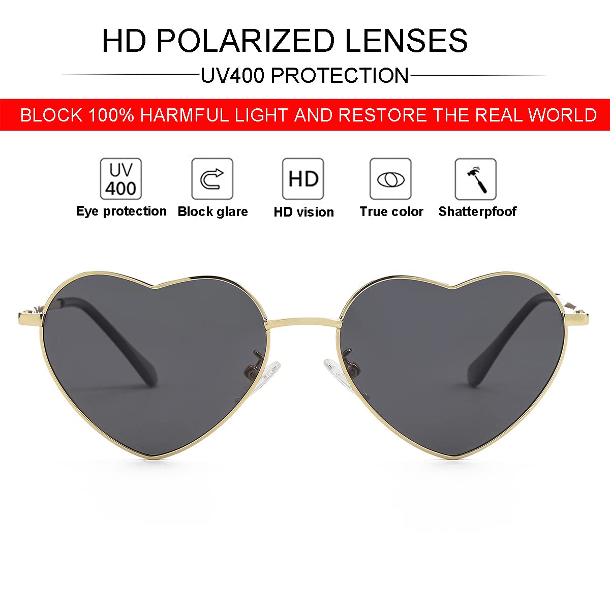 JOVAKIT Polarized Heart Sunglasses for Women Fashion Lovely Style Metal Frame UV400 Protection Lens
