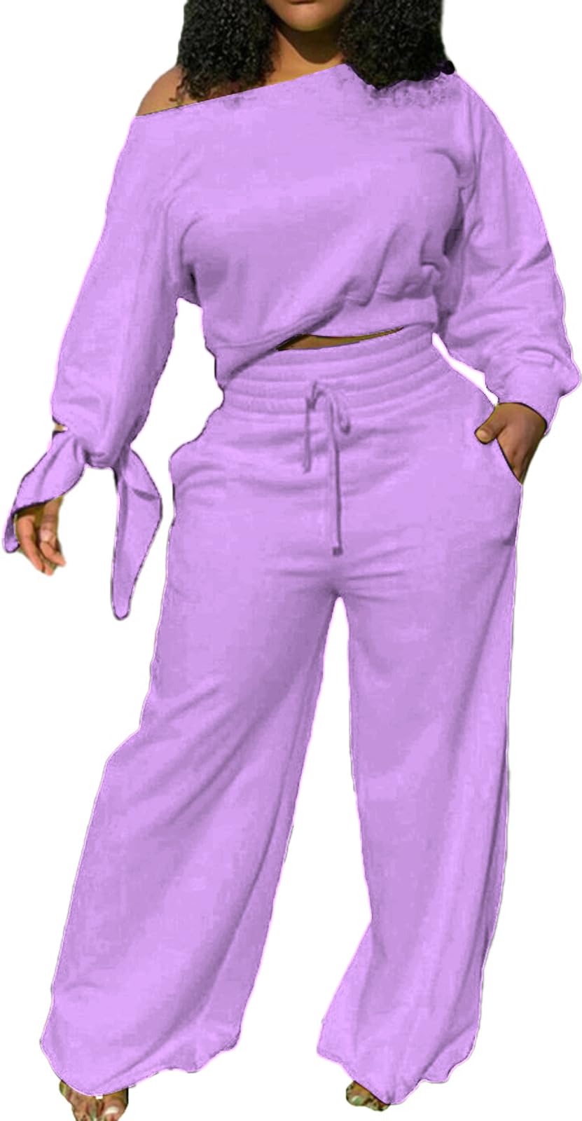 sexycherry Casual 2 Piece Outfits for Women Long Sleeve Sweatsuit Jogging Straight Long Pants Sets with Pockets