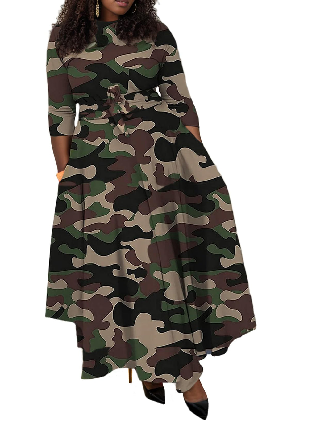 Baczoe Plus Size Dress for Curvy Women Stretch Self Tie A-Line Maxi Dress with Pockets Swing Long Outfit