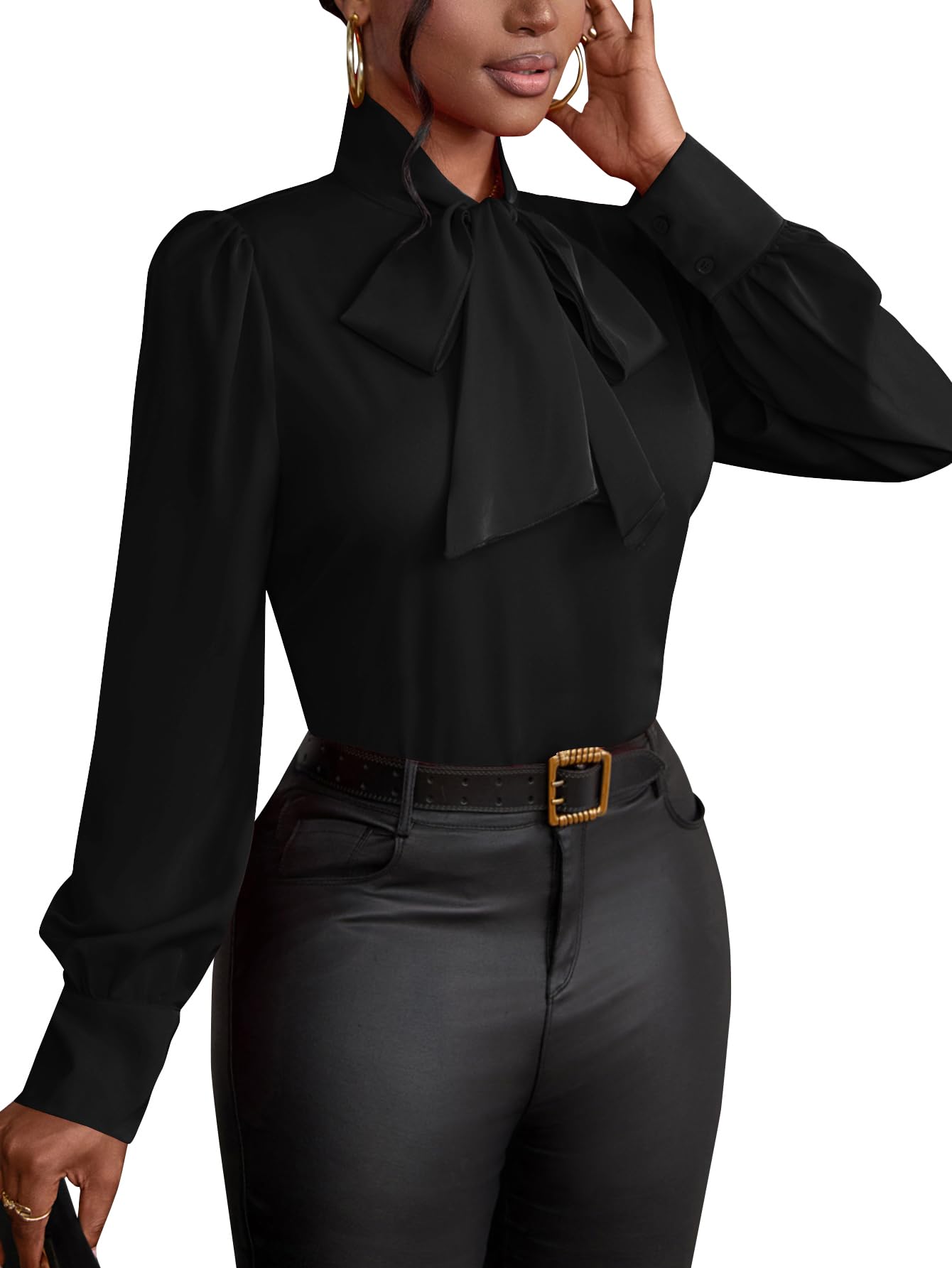Vrtige Women's Bow Tie Neck Long Sleeve Elegant Blouse Shirt Top